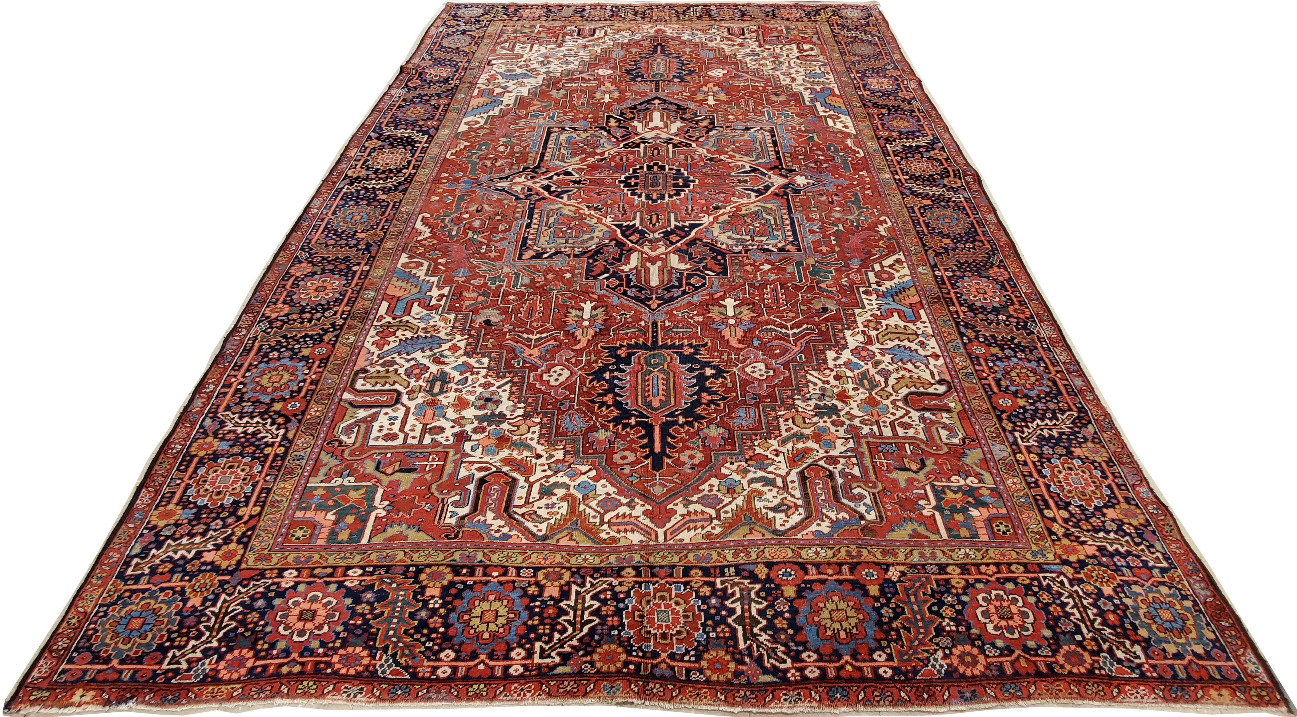 Antique Persian Heriz Carpet, Handmade Wool Oriental Rug, Rust, Navy, Lt Blue For Sale 1