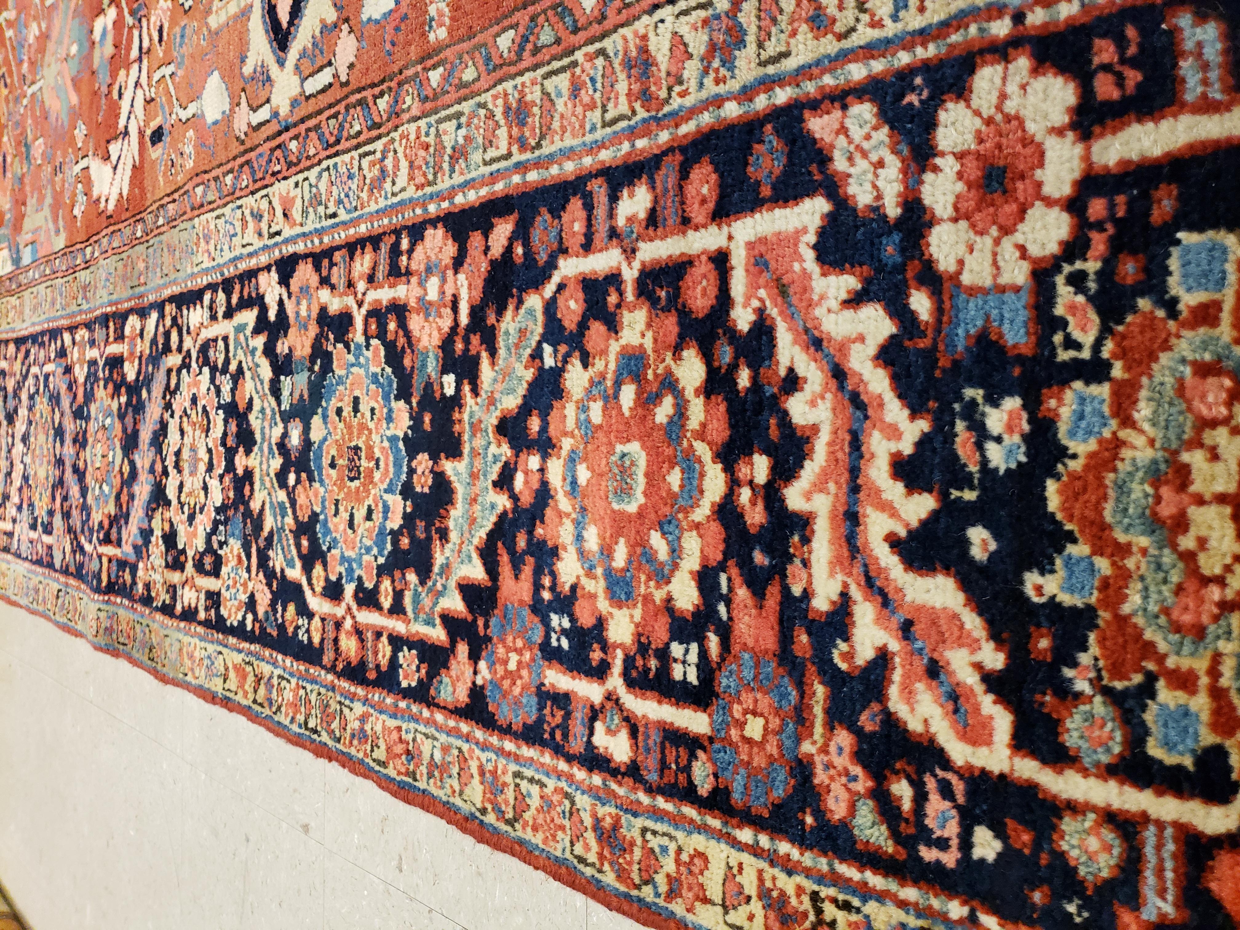 20th Century Antique Persian Heriz Carpet, Handmade Wool Oriental Rug, Rust, Navy, Lt Blue