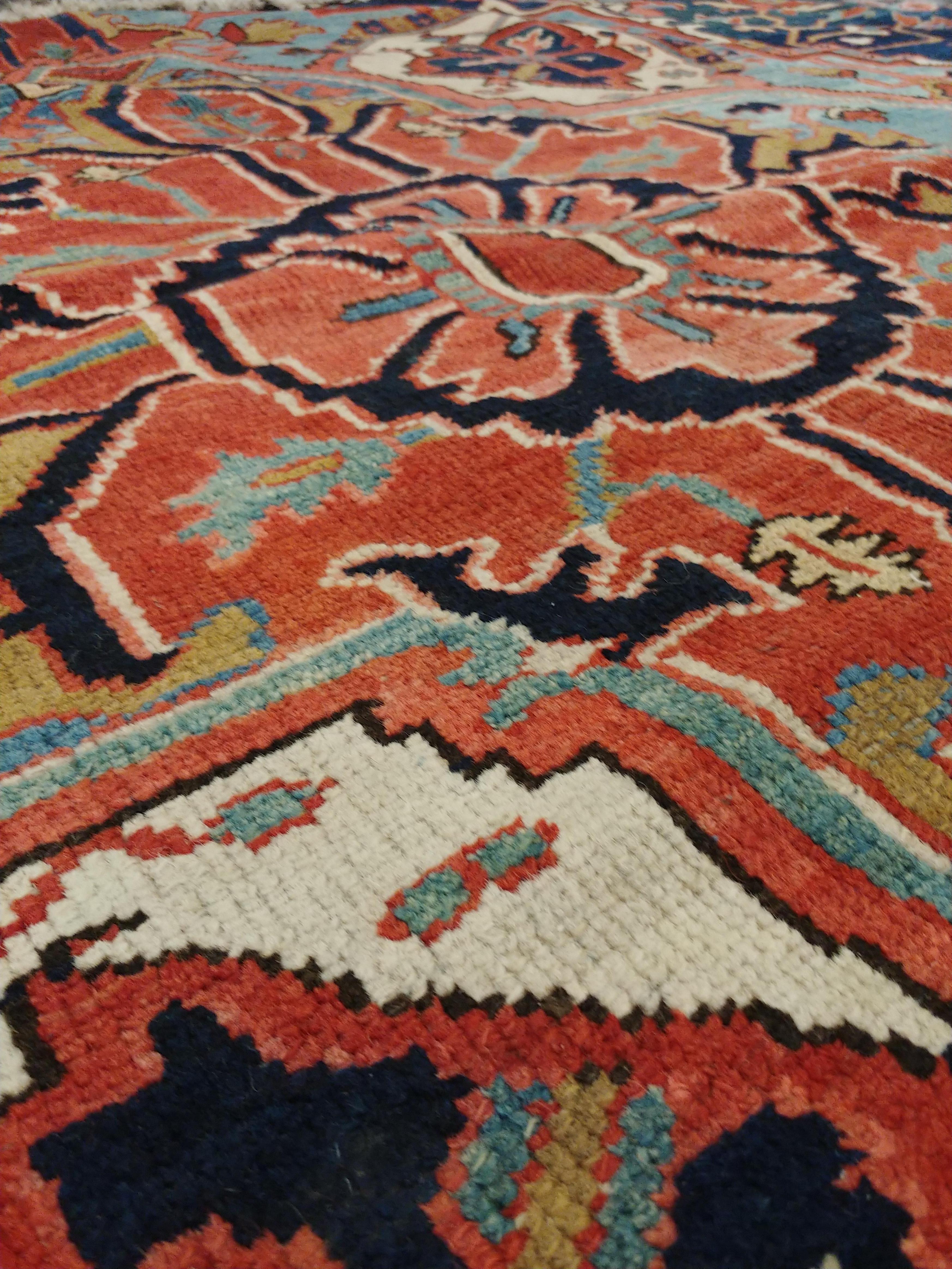Antique Persian Heriz Carpet, Handmade Wool Oriental Rug, Rust, Navy, Lt Blue 1