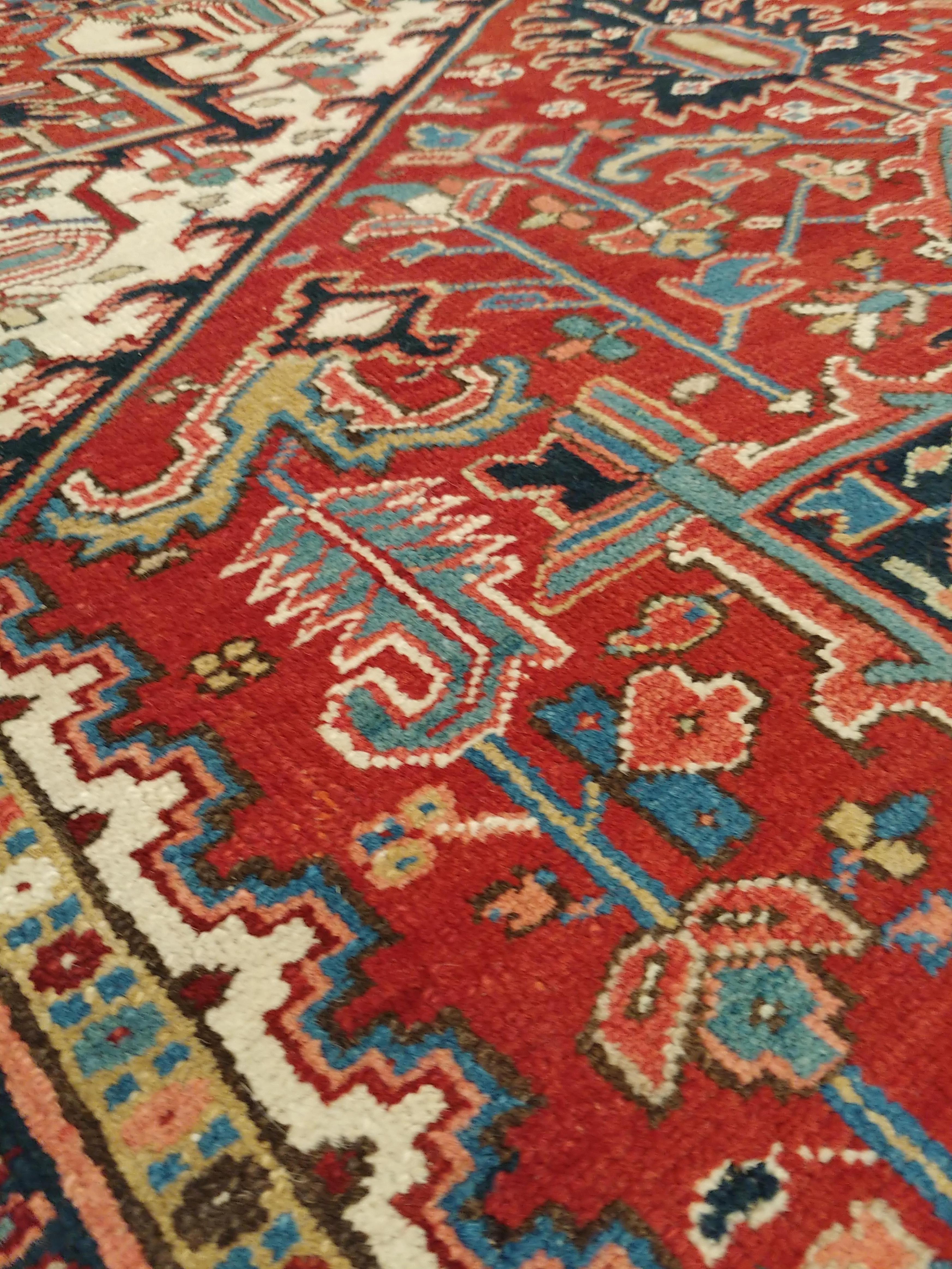 Hand-Knotted Antique Persian Heriz Carpet, Handmade Wool Oriental Rug, Rust, Navy, Lt Blue