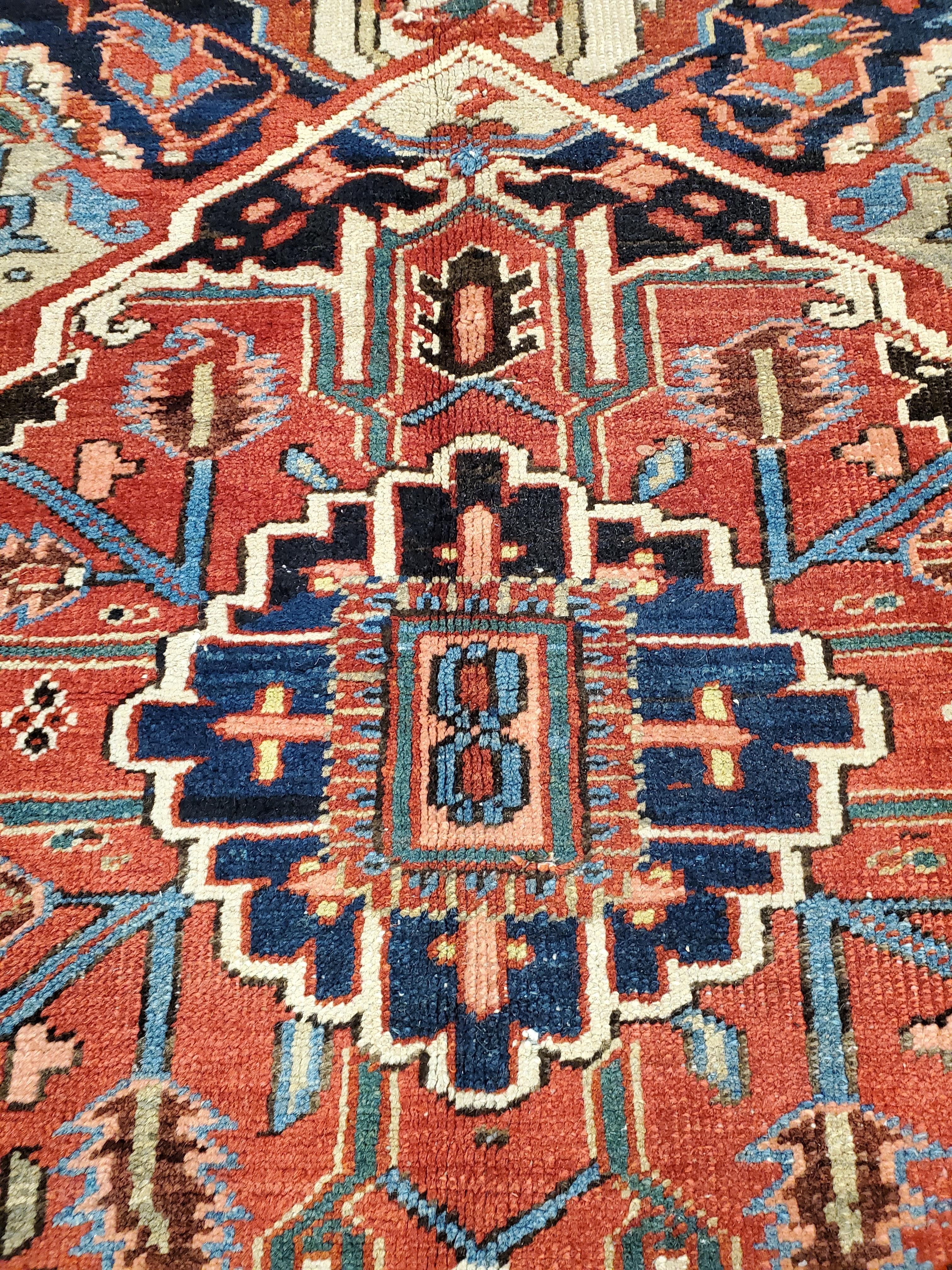 Antique Persian Heriz Carpet, Handmade Wool Oriental Rug, Rust, Navy, Lt Blue For Sale 2