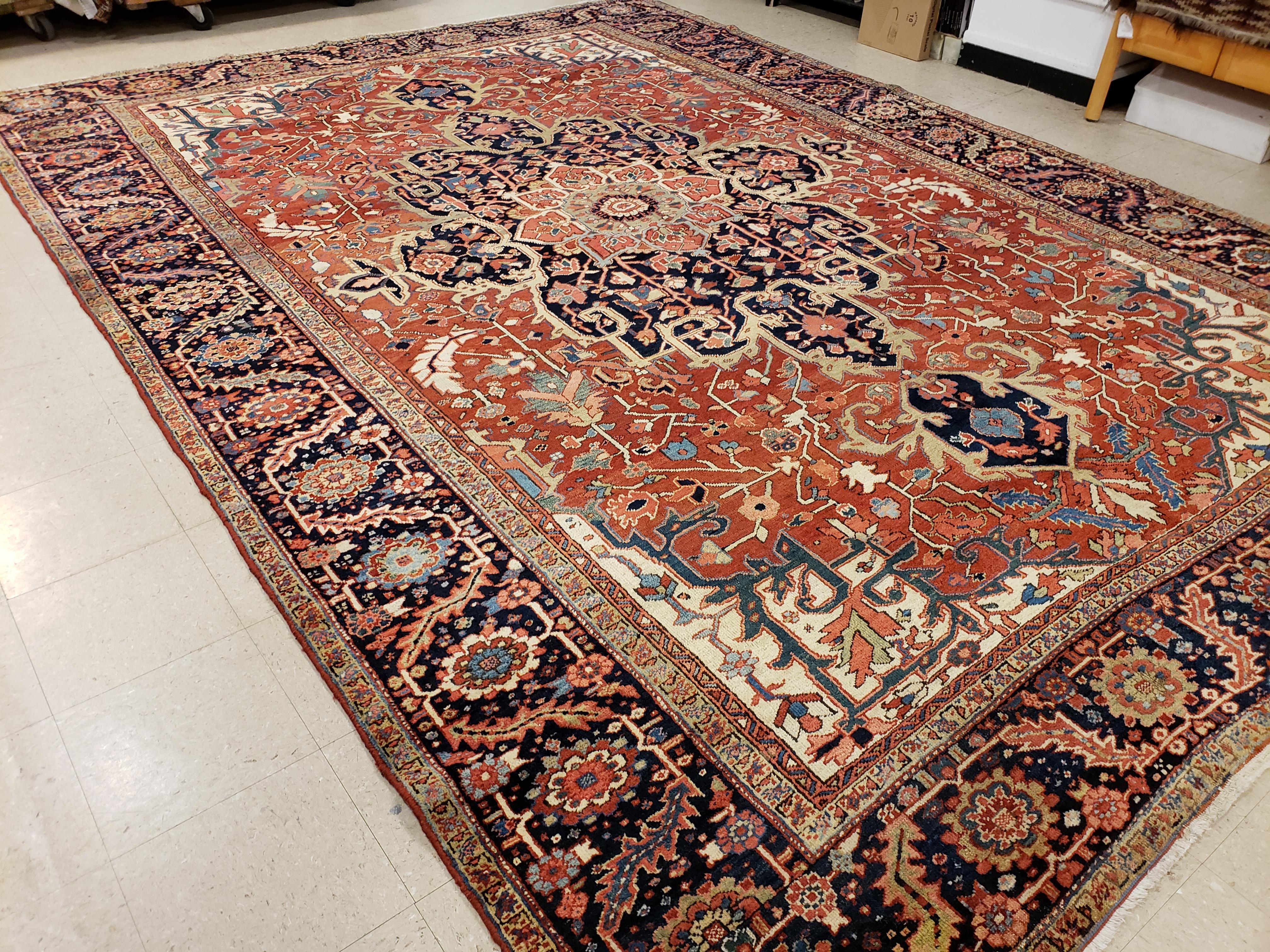 Antique Persian Heriz Carpet, Handmade Wool Oriental Rug, Rust, Navy, Lt Blue 1