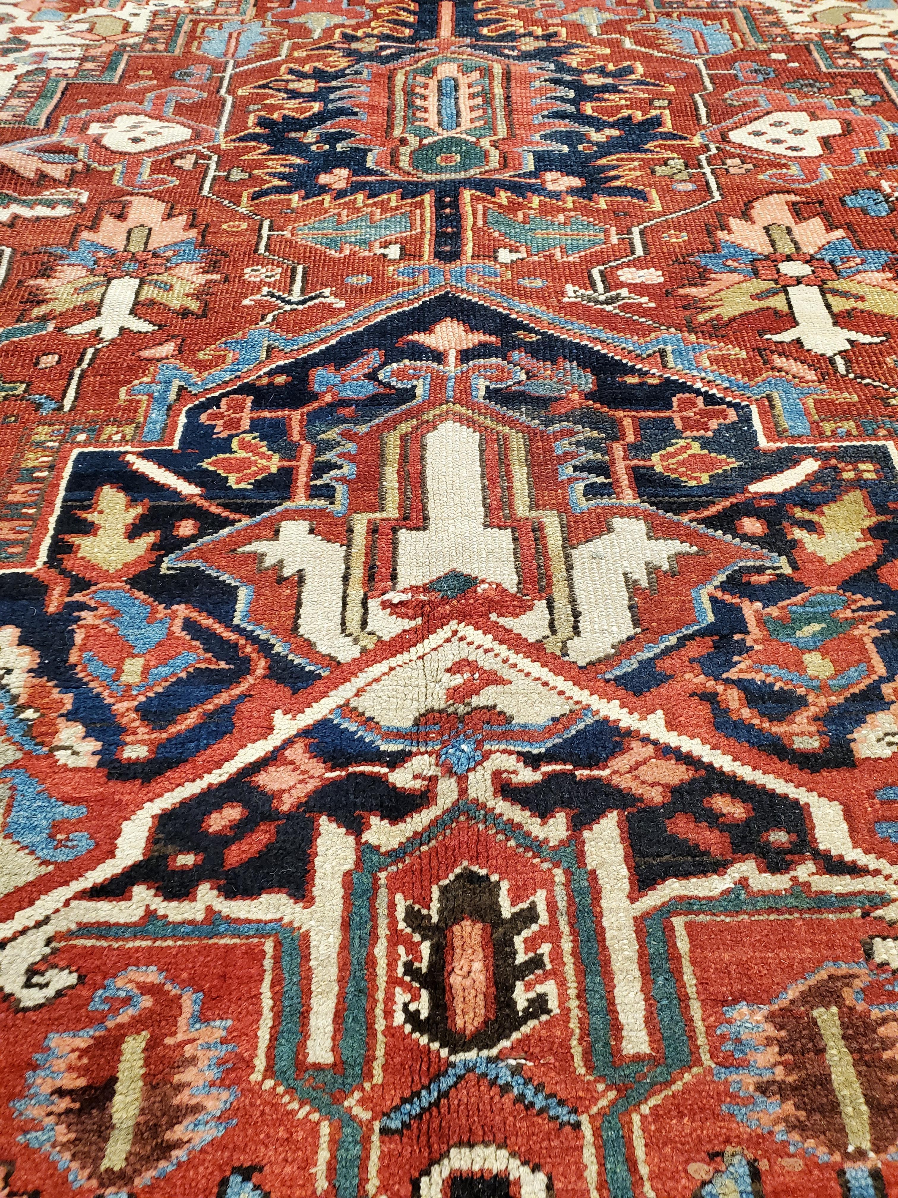 Antique Persian Heriz Carpet, Handmade Wool Oriental Rug, Rust, Navy, Lt Blue For Sale 3