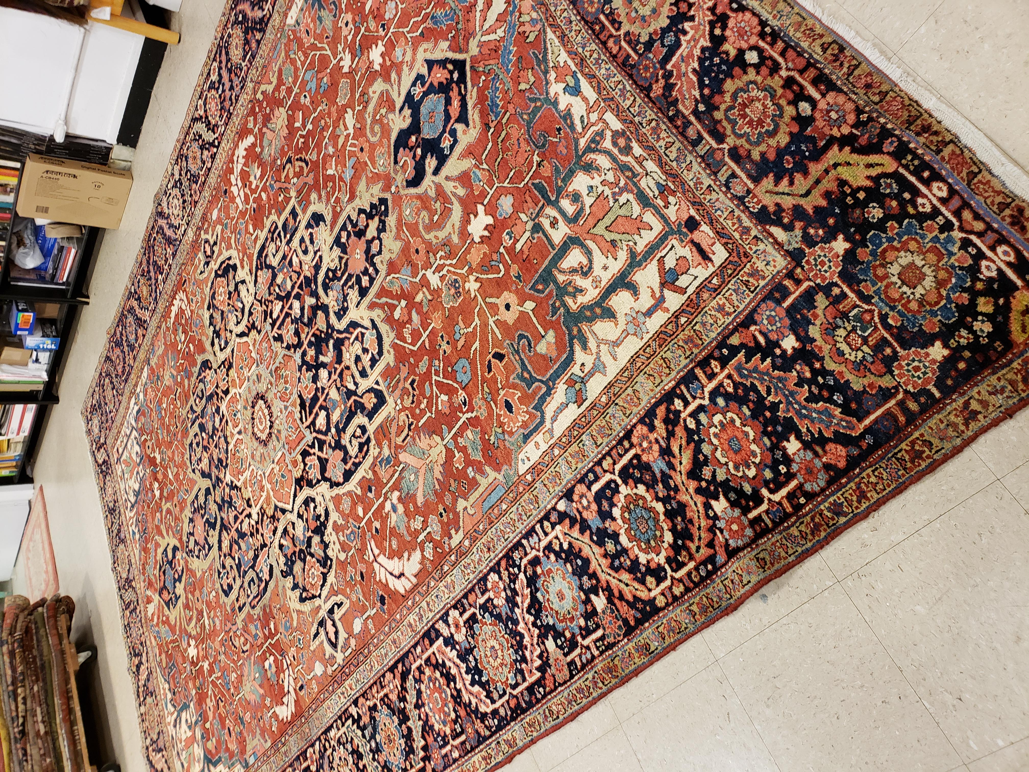 Antique Persian Heriz Carpet, Handmade Wool Oriental Rug, Rust, Navy, Lt Blue 2