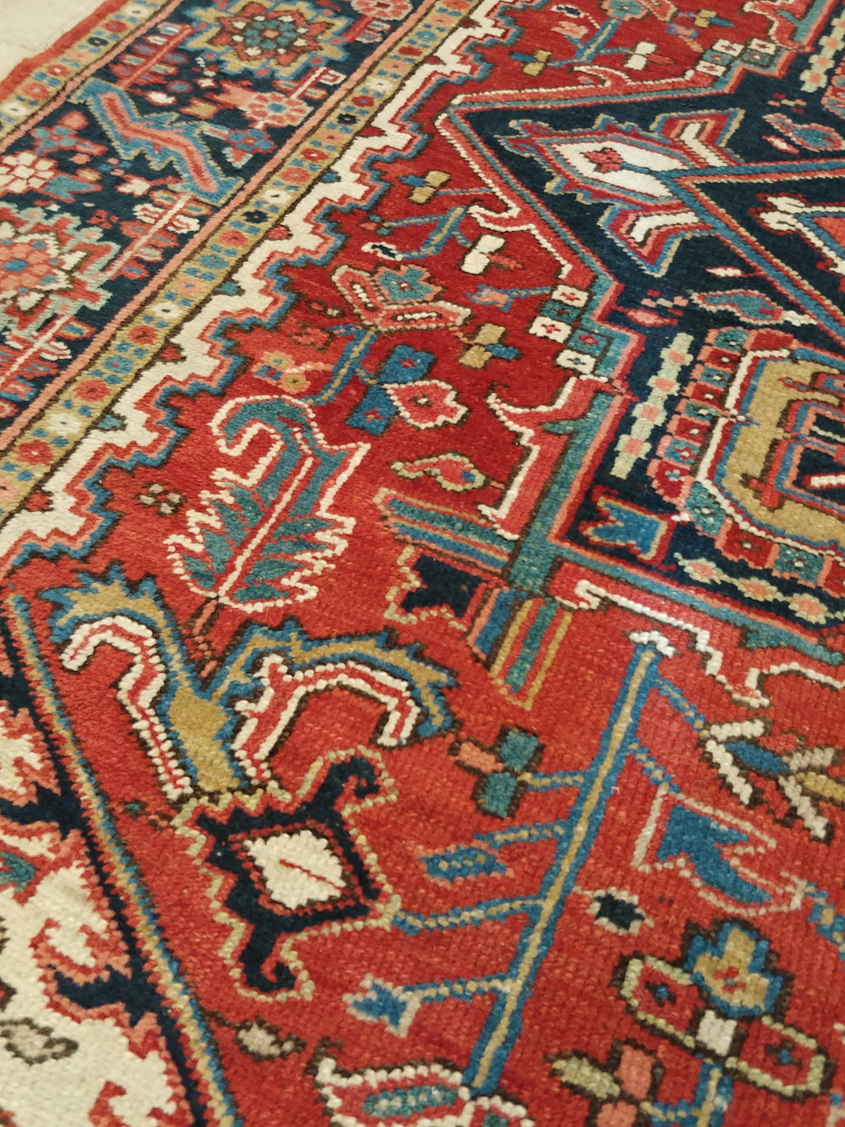 20th Century Antique Persian Heriz Carpet, Handmade Wool Oriental Rug, Rust, Navy, Lt Blue