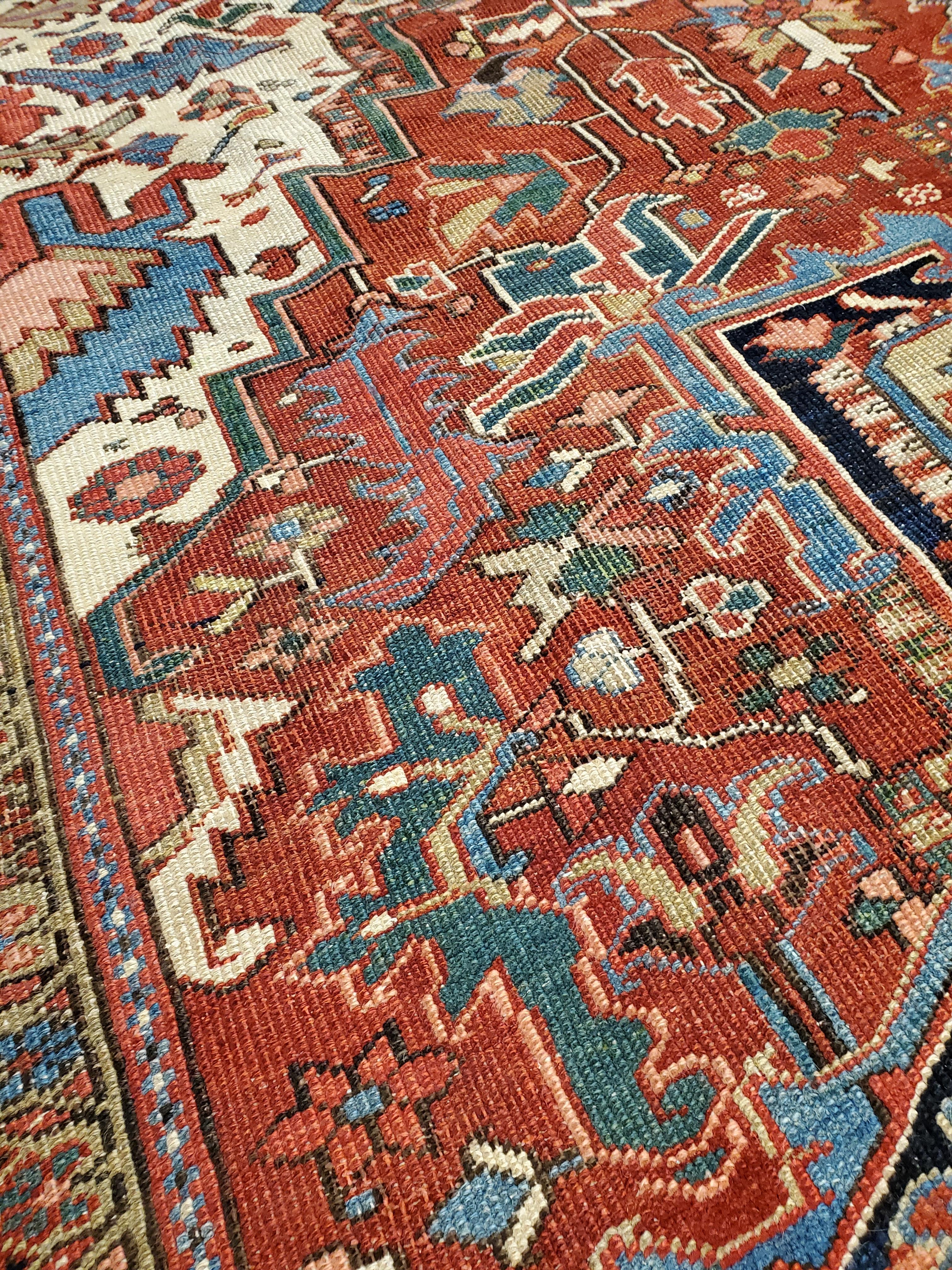 Antique Persian Heriz Carpet, Handmade Wool Oriental Rug, Rust, Navy, Lt Blue For Sale 4