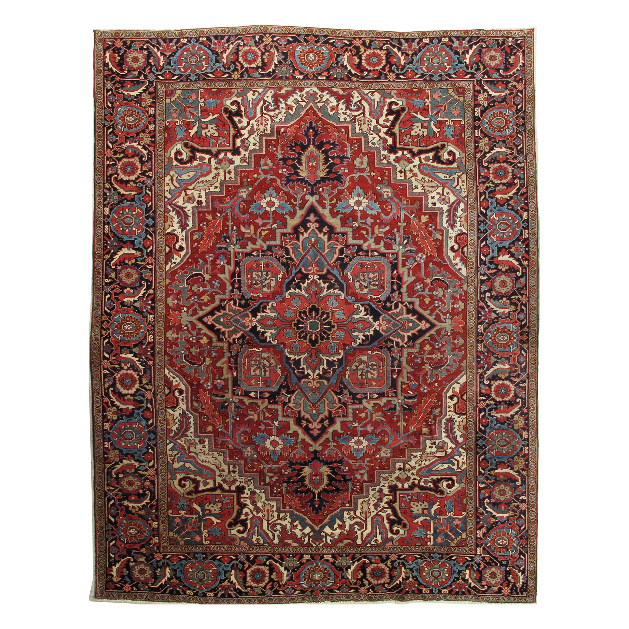 Antique Persian Heriz Carpet, Handmade Wool Oriental Rug, Rust, Navy, Lt Blue