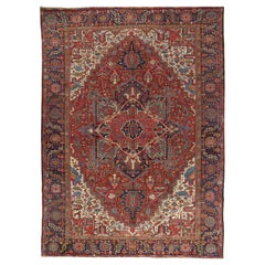 Antico tappeto persiano Heriz, Tappeto orientale in lana fatto a mano, ruggine, blu navy, blu tenue