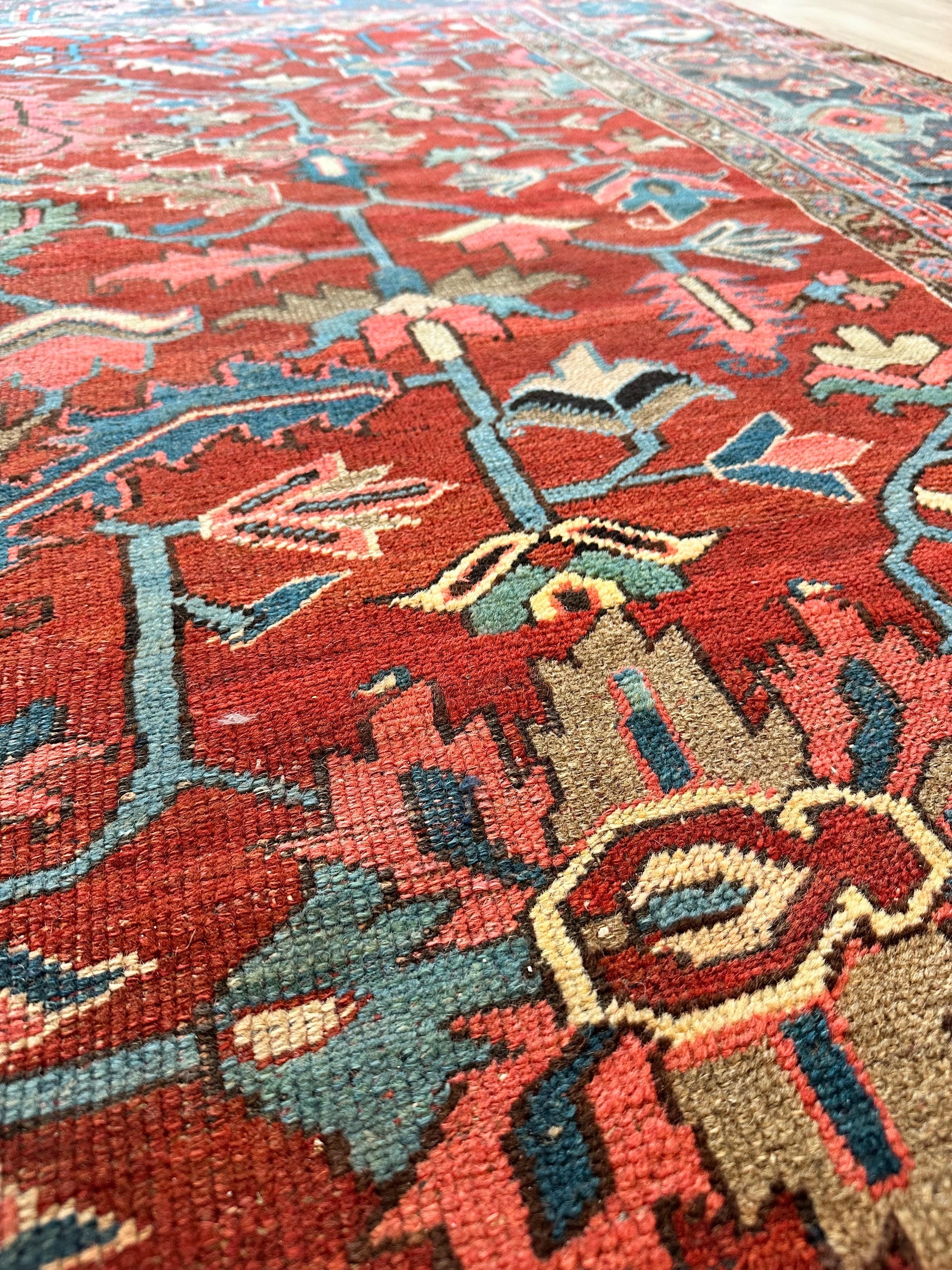 Alfombra persa antigua Heriz Alfombra oriental de lana hecha a mano, óxido, azul marino-azul medio en venta 6
