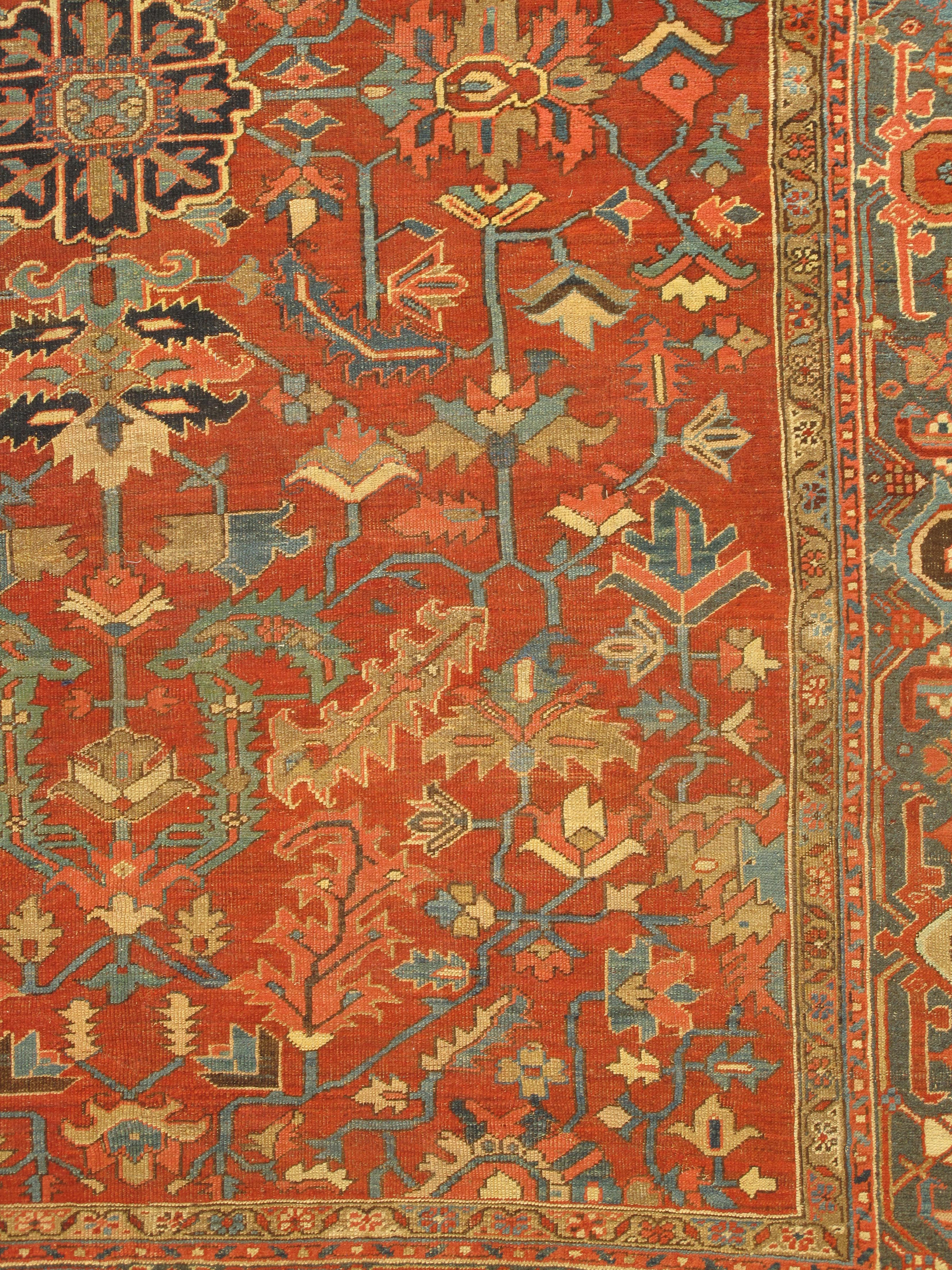 Alfombra persa antigua Heriz Alfombra oriental de lana hecha a mano, óxido, azul marino-azul medio Heriz Serapi en venta