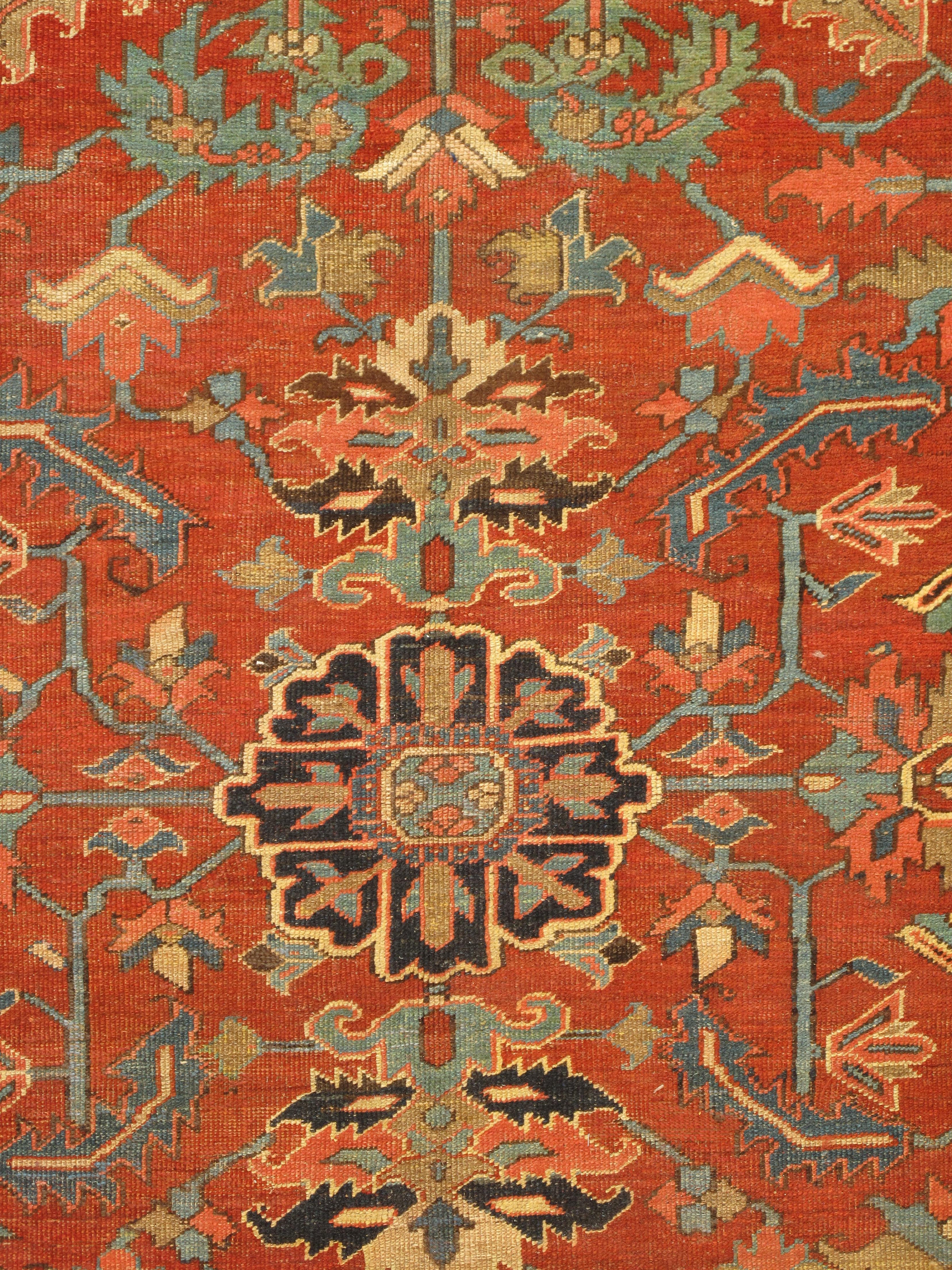 Alfombra persa antigua Heriz Alfombra oriental de lana hecha a mano, óxido, azul marino-azul medio Persa en venta