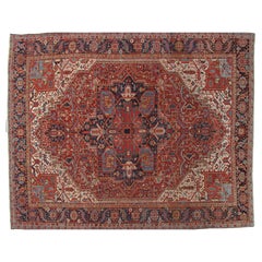 Antiker persischer Heriz-Teppich aus handgefertigter Wolle, Rost/Roter Feld, Marineblau, handgefertigt