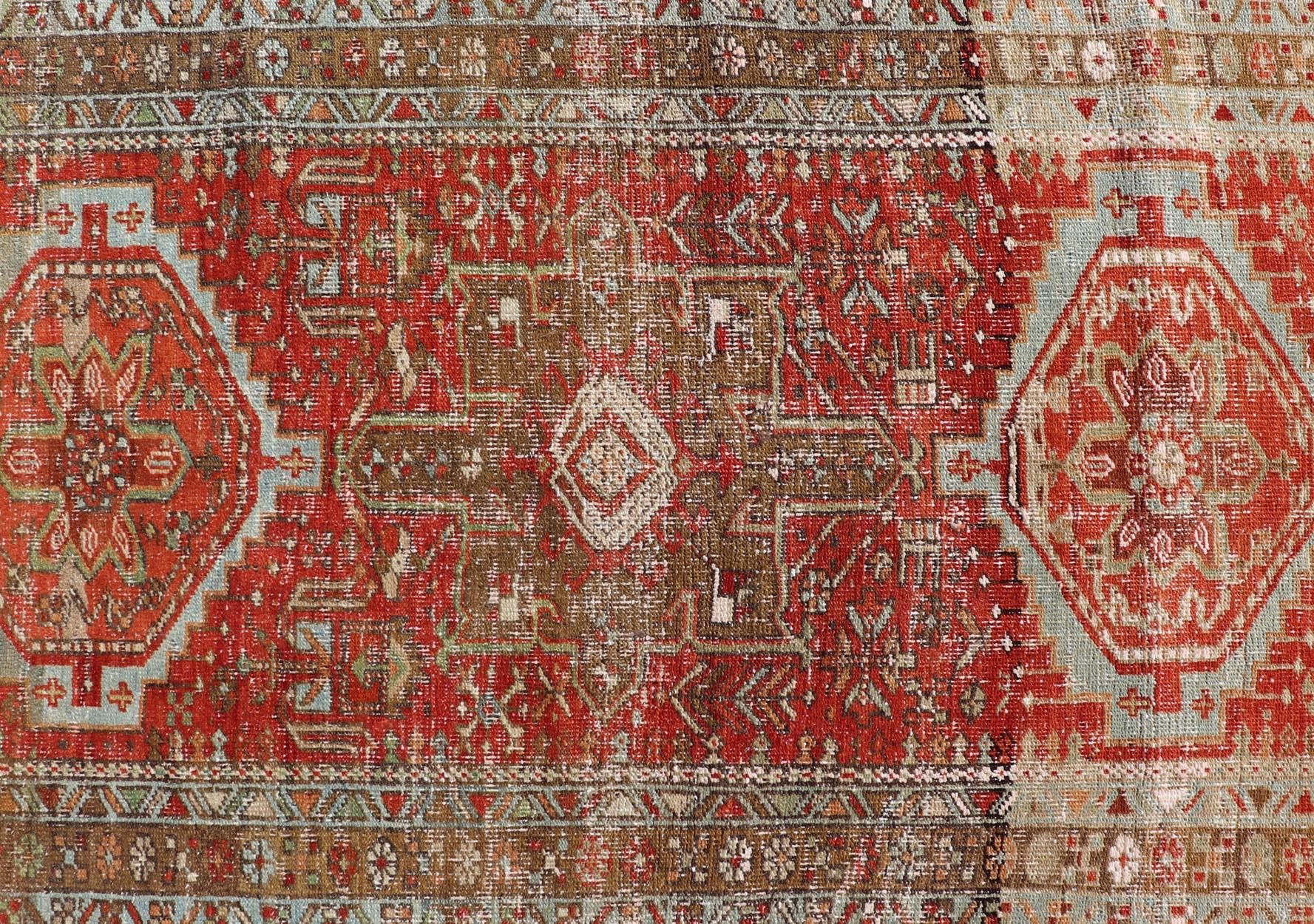 Antique Persian Heriz Distressed Runner with Geometric Medallions in Soft Colors For Sale 3
