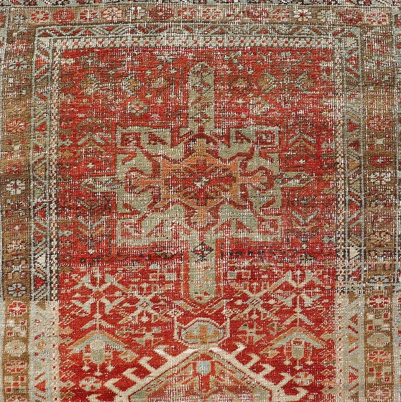 Antique Persian Heriz Distressed Runner with Geometric Medallions in Soft Colors For Sale 4