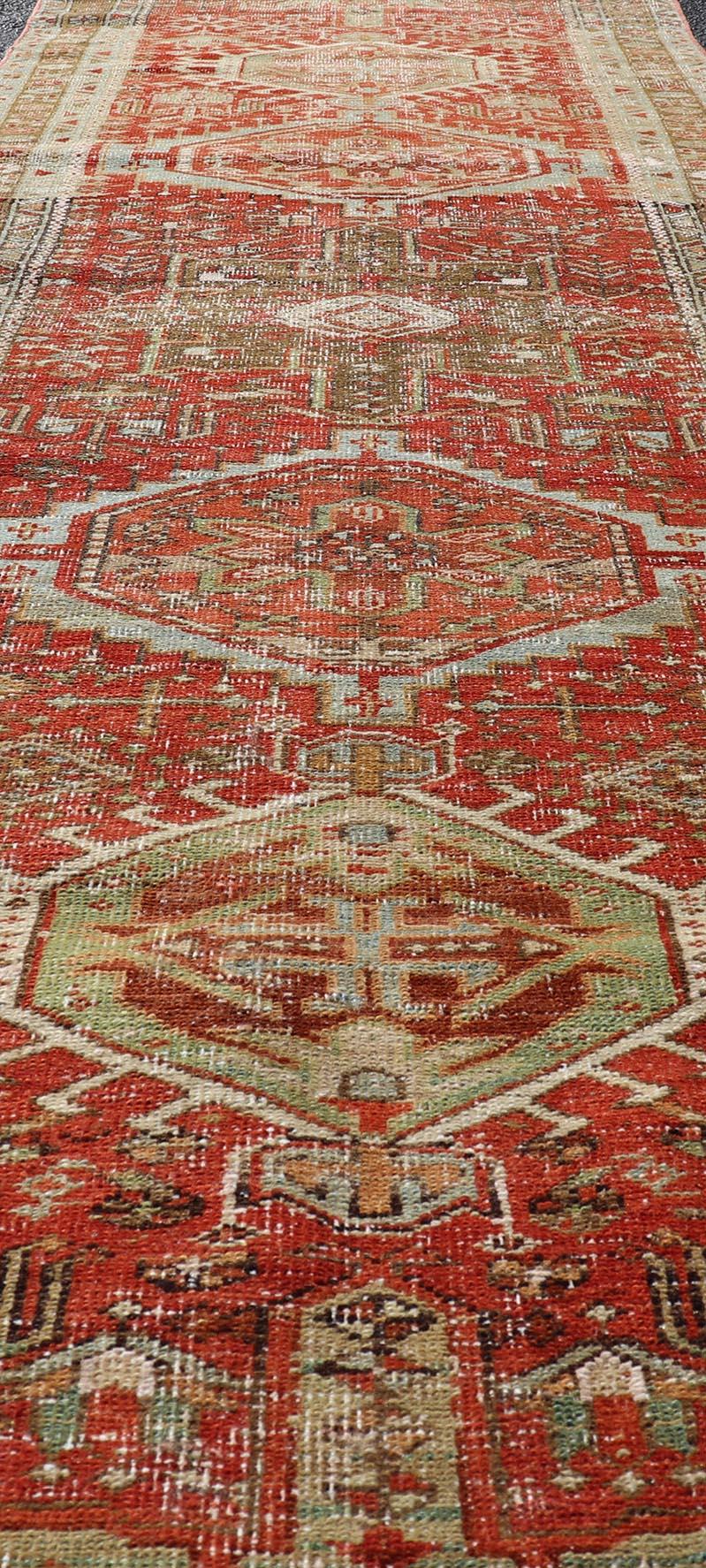 Antique Persian Heriz Distressed Runner with Geometric Medallions in Soft Colors For Sale 2