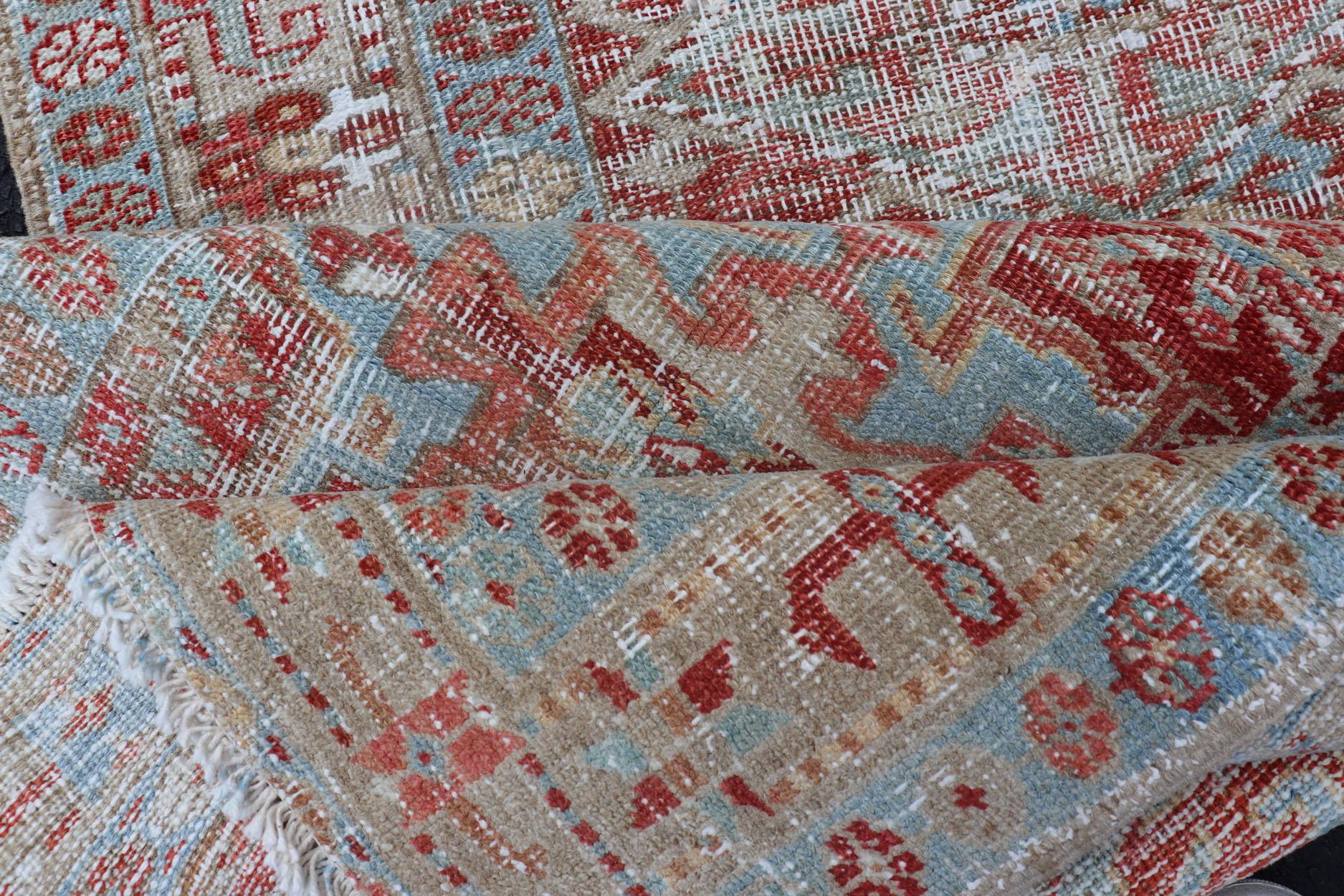Antique Persian Heriz Distressed Runner with Geometrics in Red and Light Blue  For Sale 3