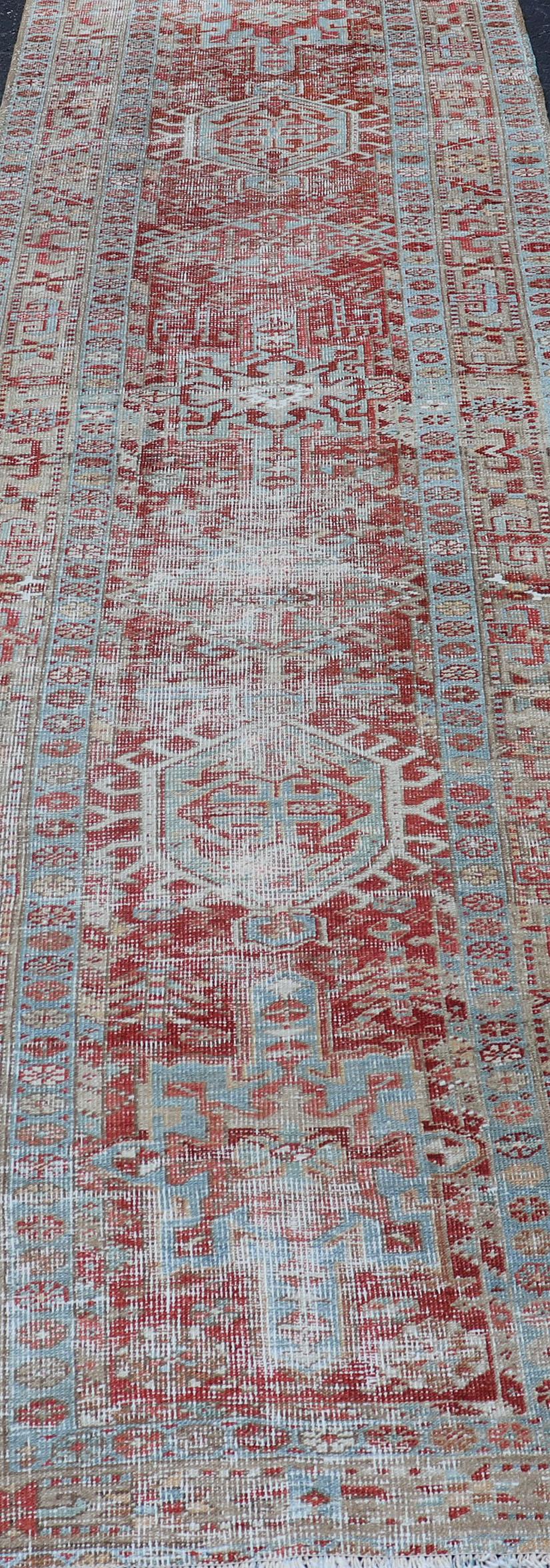 Antique Persian Heriz Distressed Runner with Geometrics in Red and Light Blue  For Sale 4