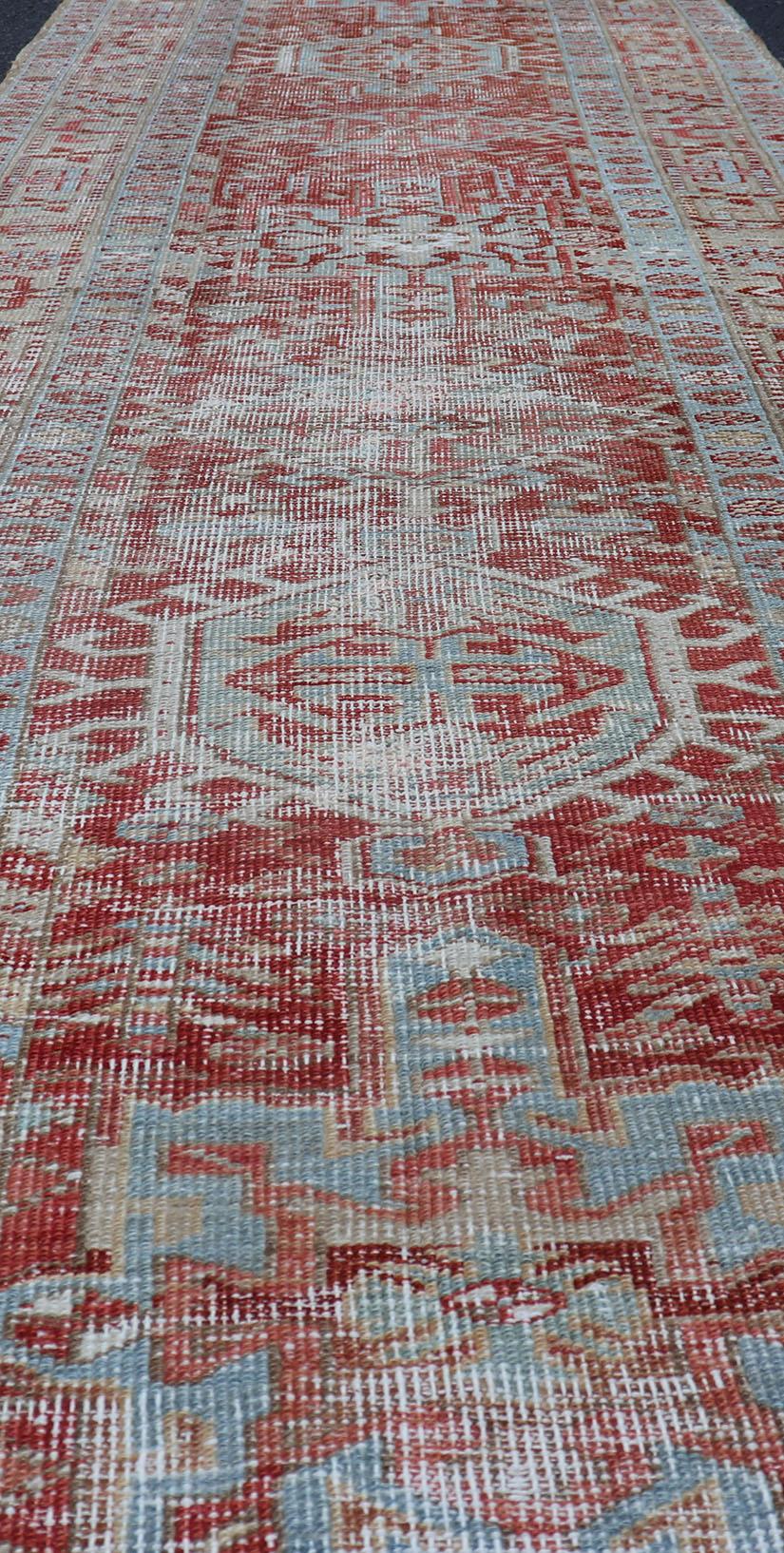 Antique Persian Heriz Distressed Runner with Geometrics in Red and Light Blue  For Sale 5