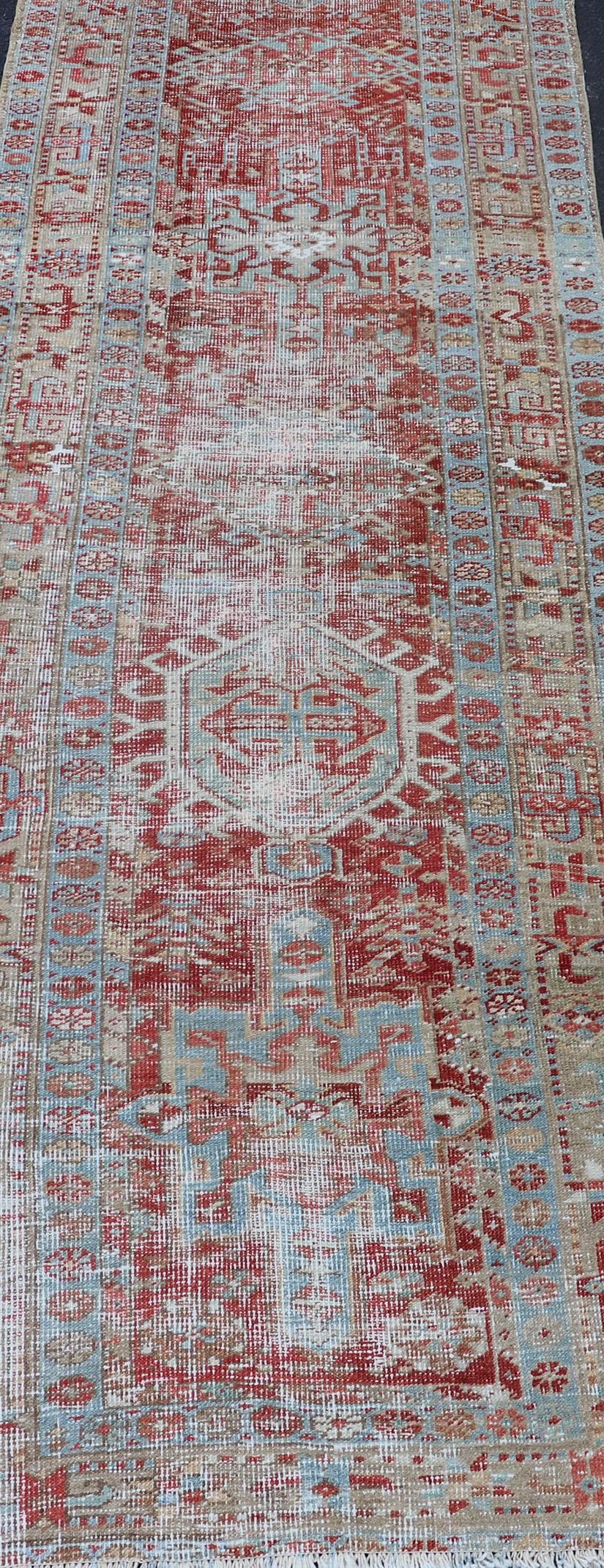 Antique Persian Heriz Distressed Runner with Geometrics in Red and Light Blue  For Sale 6