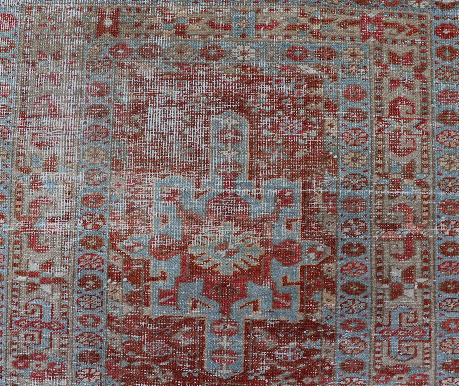Heriz Serapi Antique Persian Heriz Distressed Runner with Geometrics in Red and Light Blue  For Sale