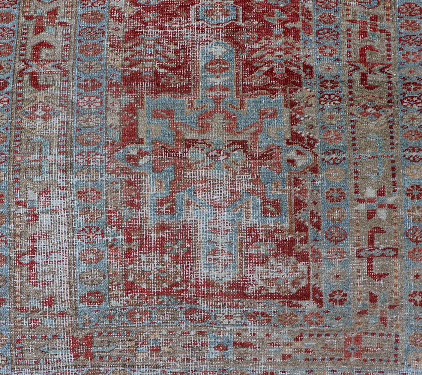 Hand-Knotted Antique Persian Heriz Distressed Runner with Geometrics in Red and Light Blue  For Sale