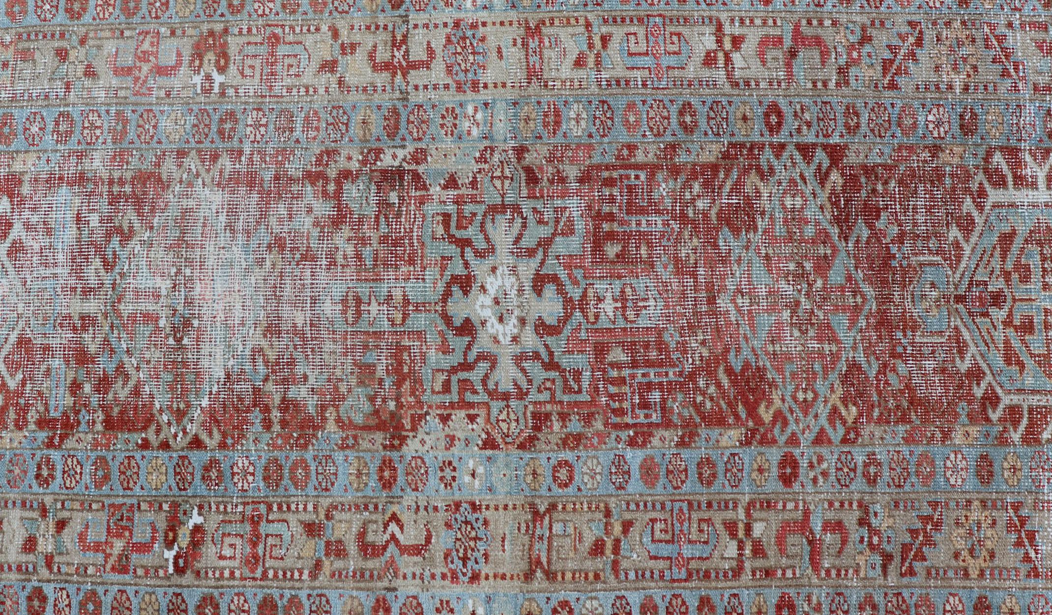 Antique Persian Heriz Distressed Runner with Geometrics in Red and Light Blue  In Distressed Condition For Sale In Atlanta, GA