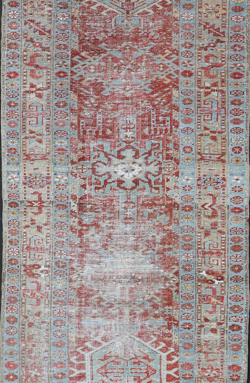 Wool Antique Persian Heriz Distressed Runner with Geometrics in Red and Light Blue  For Sale