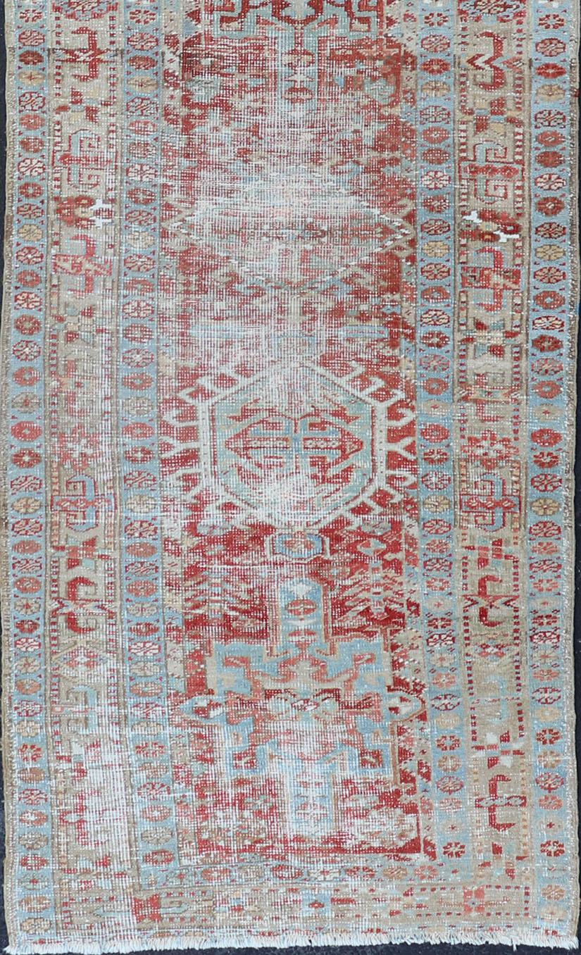 Antique Persian Heriz Distressed Runner with Geometrics in Red and Light Blue  For Sale 1
