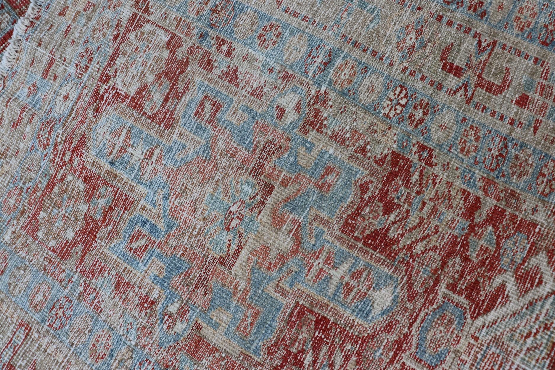 Antique Persian Heriz Distressed Runner with Geometrics in Red and Light Blue  For Sale 2