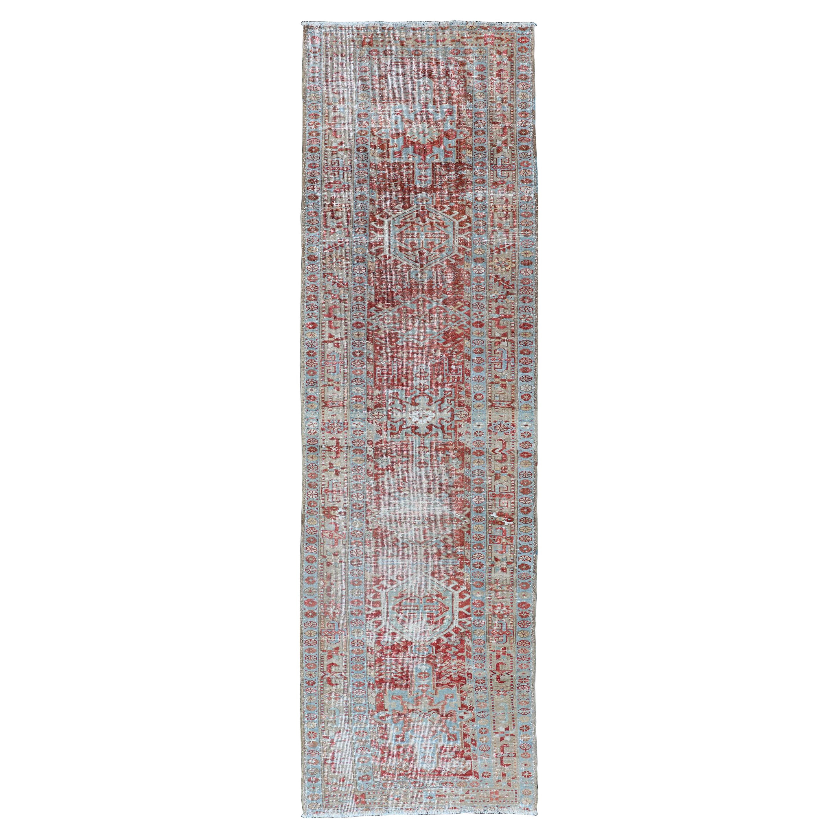 Antique Persian Heriz Distressed Runner with Geometrics in Red and Light Blue For Sale