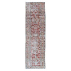 Antique Persian Heriz Distressed Runner with Geometrics in Red and Light Blue