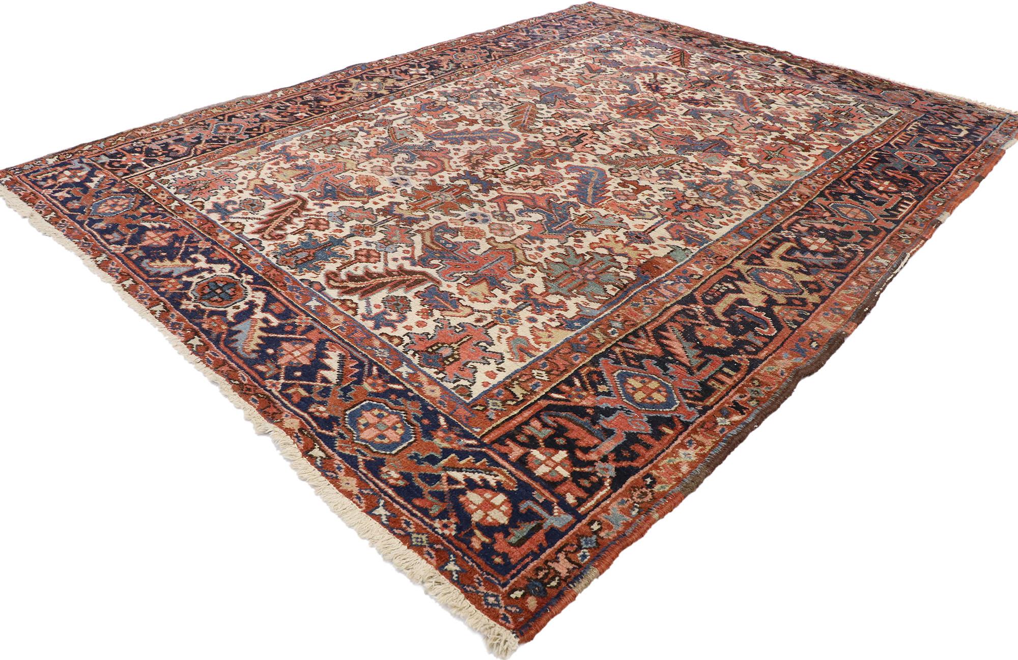 77559, antique Persian Heriz Dragon rug with Mid-Century Modern style. Bespeaking understated elegance and rustic sensibility, this hand knotted wool antique Persian Heriz dragon rug will take on a curated lived-in look that feels timeless while
