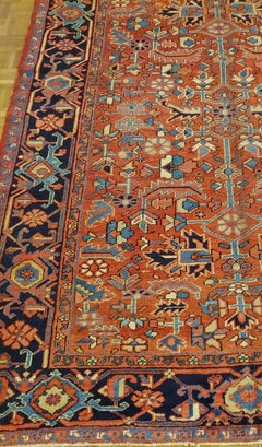 Antique Persian Heriz, Geometric All-Over Design Rust Blue, Wool, Room Size 1910