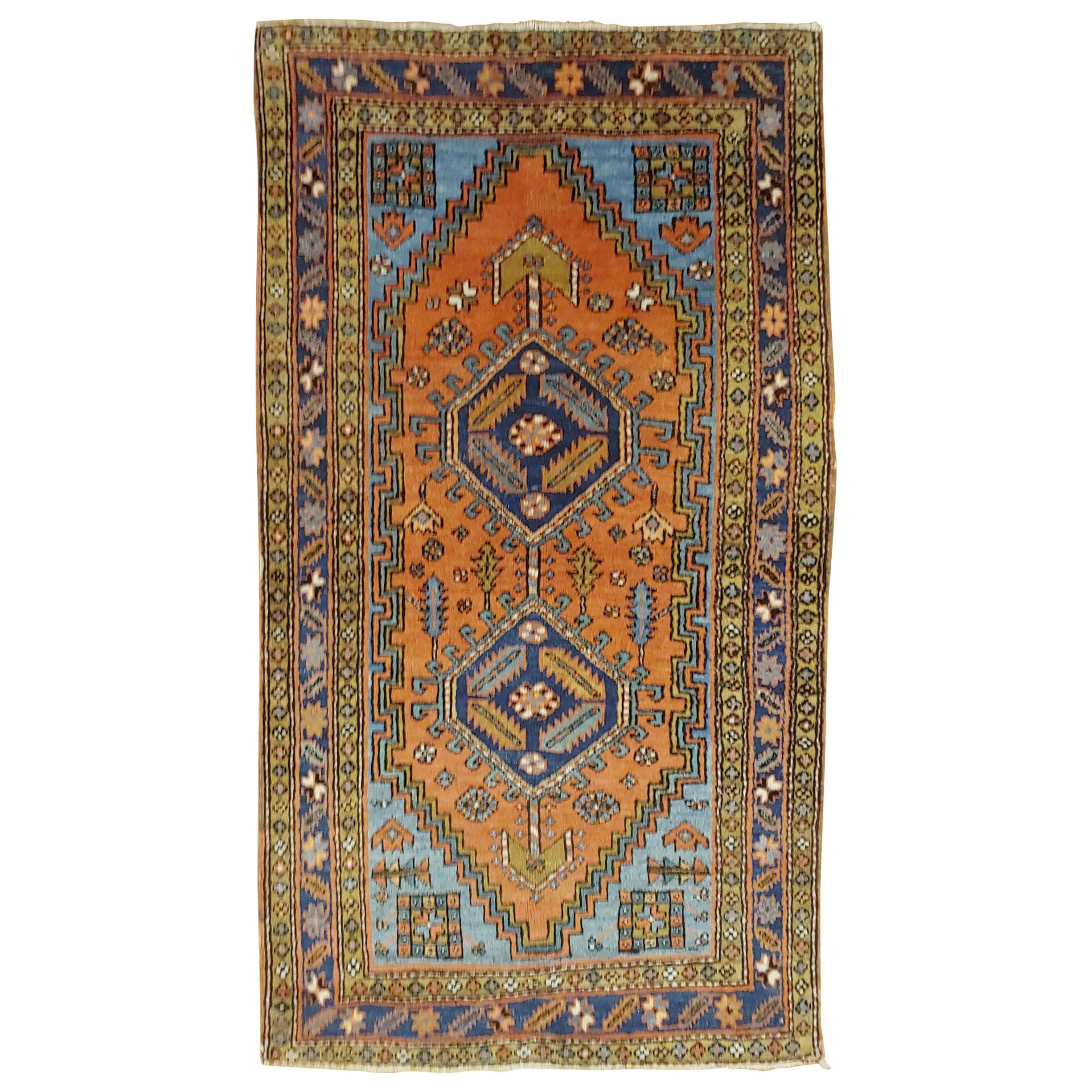 Antique Persian Heriz, Geometric Design, Rust with Blue Wool, 1915 For Sale