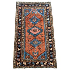 Antique Persian Heriz, Geometric Design, Rust with Blue Wool, Scatter Size, 1915