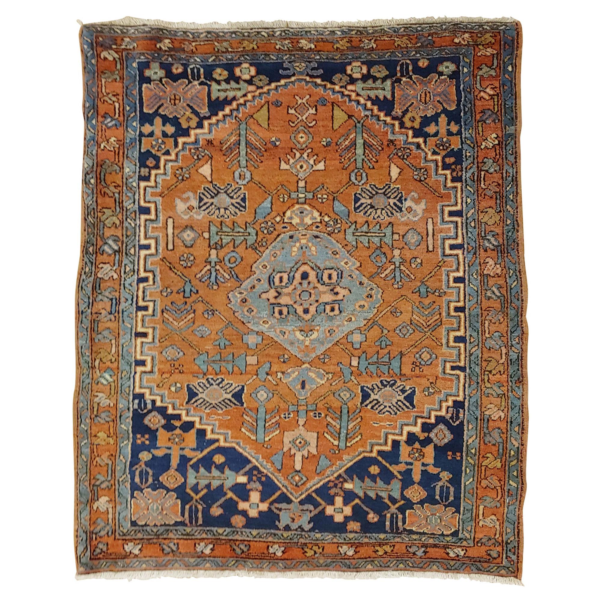 Antique Persian Heriz Geometric Design Soft Rust, Wool, Scatter Size, 1915