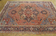 Antique Persian Heriz Rug, Coral Field Light Blue Corners, Wool, 1915