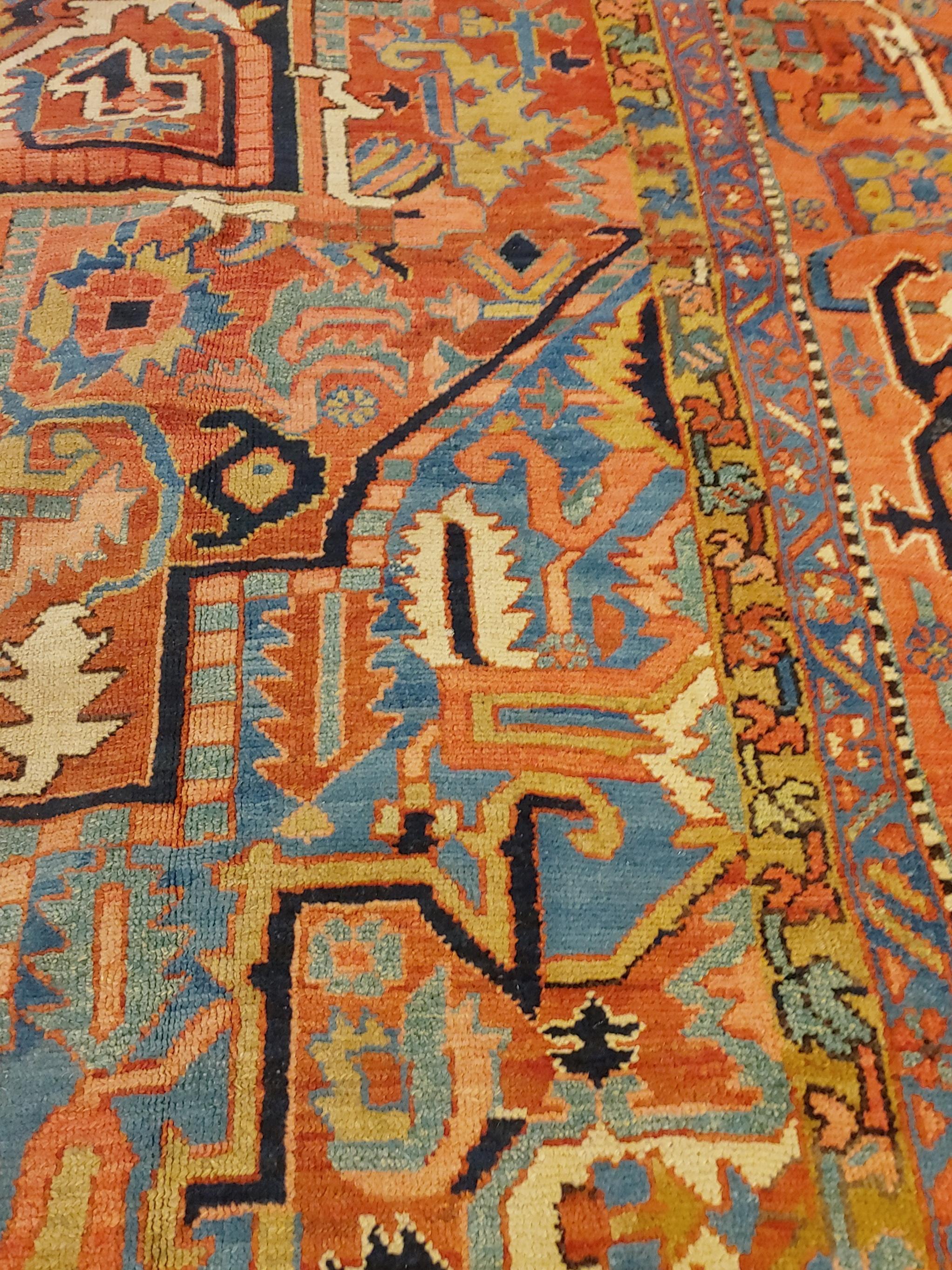 Antique Persian Heriz, Geometric Serapi Design, Rust, Blue, Coral, Wool, 1915 4