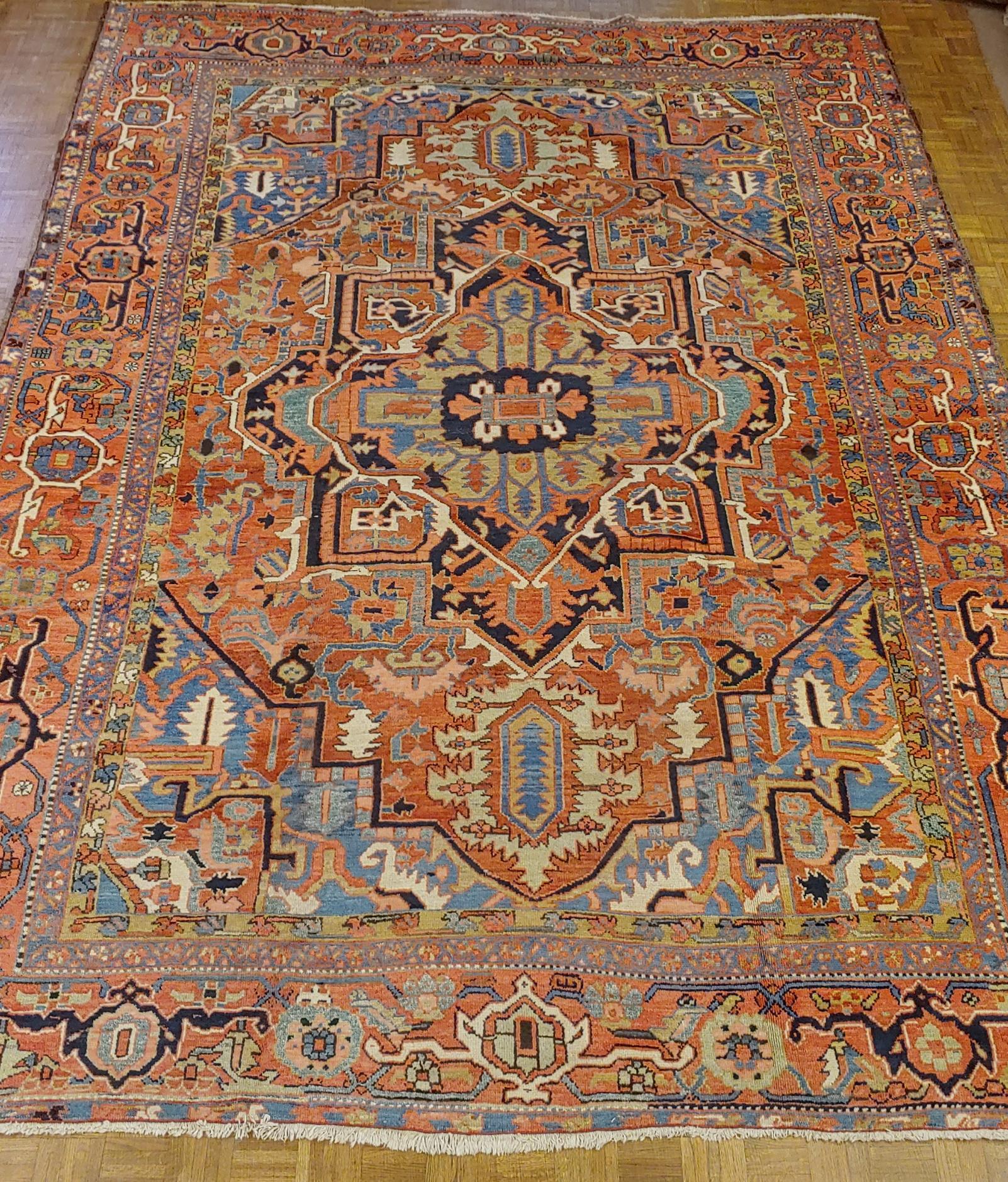 Woven Antique Persian Heriz, Geometric Serapi Design, Rust, Blue, Coral, Wool, 1915