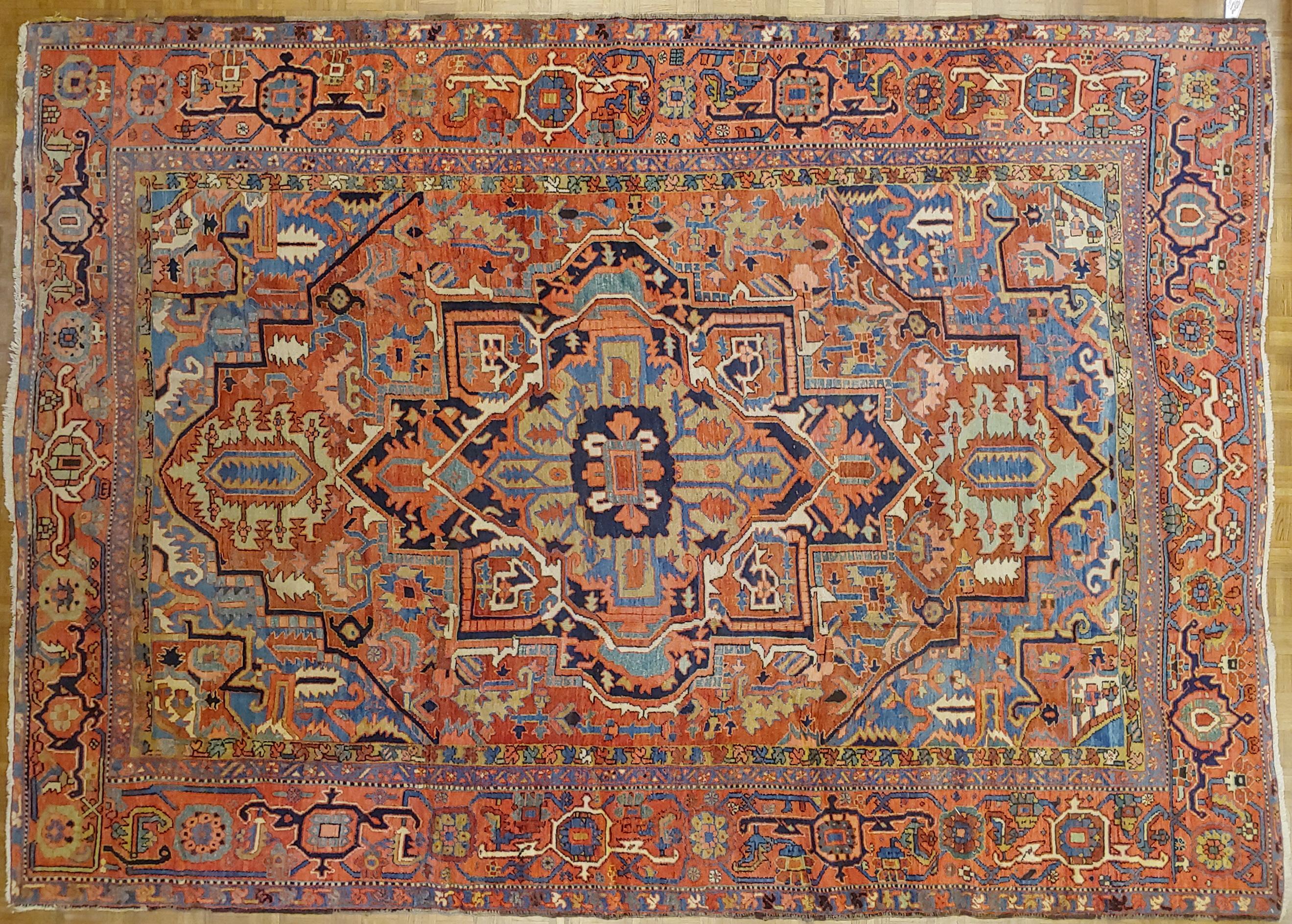 Antique Persian Heriz, Geometric Serapi Design, Rust, Blue, Coral, Wool, 1915 In Good Condition In Williamsburg, VA