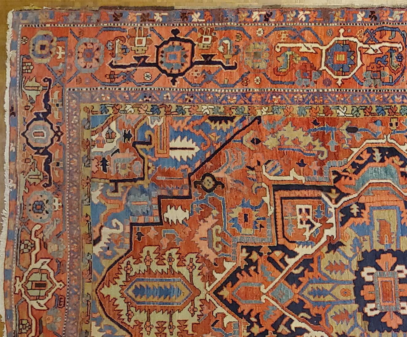 20th Century Antique Persian Heriz, Geometric Serapi Design, Rust, Blue, Coral, Wool, 1915