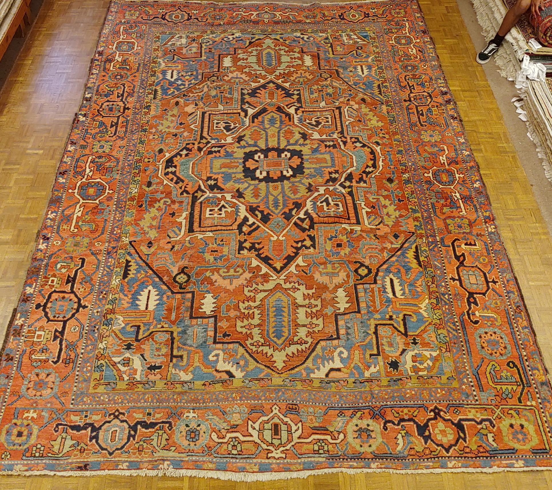 Antique Persian Heriz, Geometric Serapi Design, Rust, Blue, Coral, Wool, 1915 1