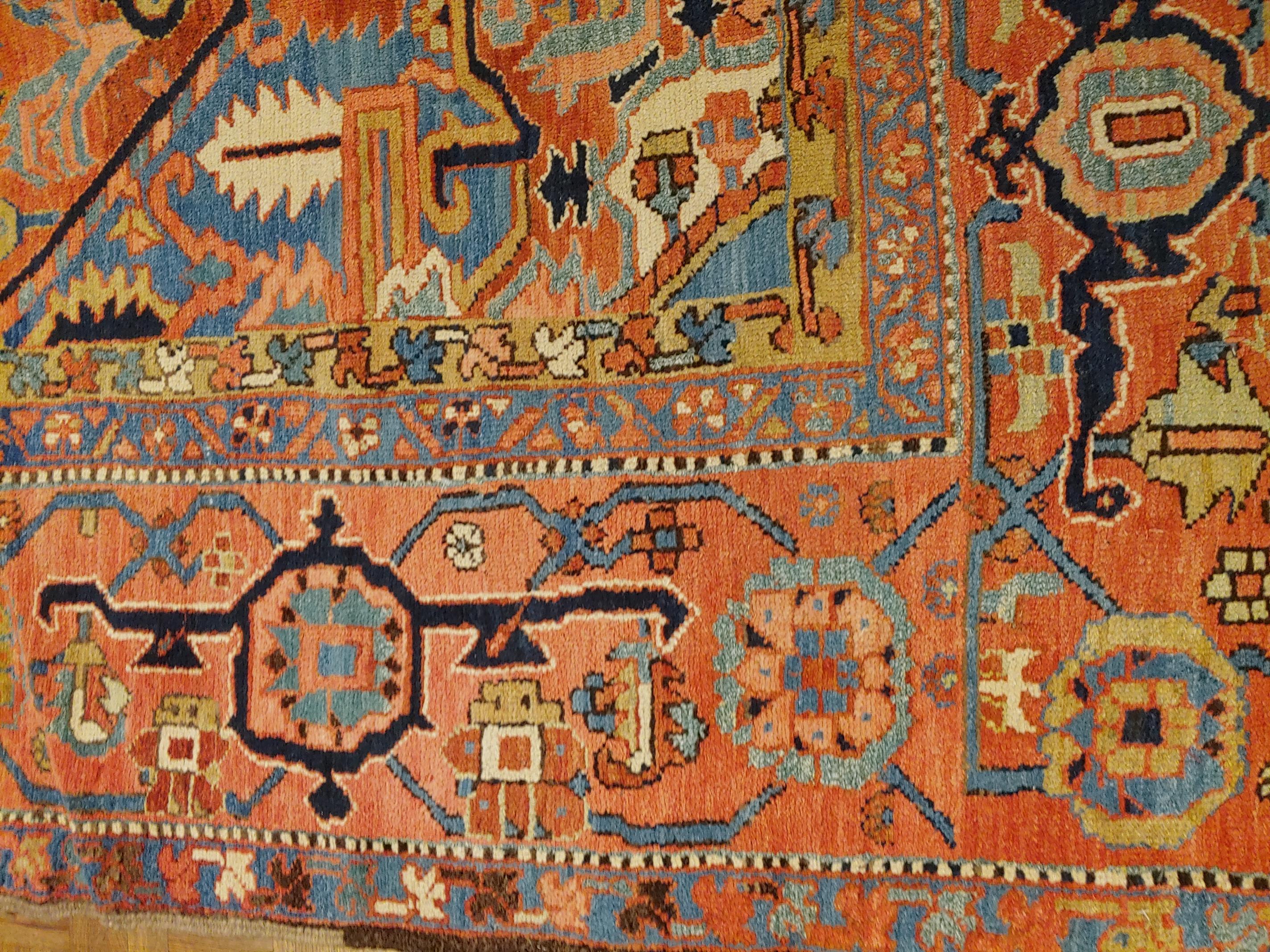 Antique Persian Heriz, Geometric Serapi Design, Rust, Blue, Coral, Wool, 1915 2