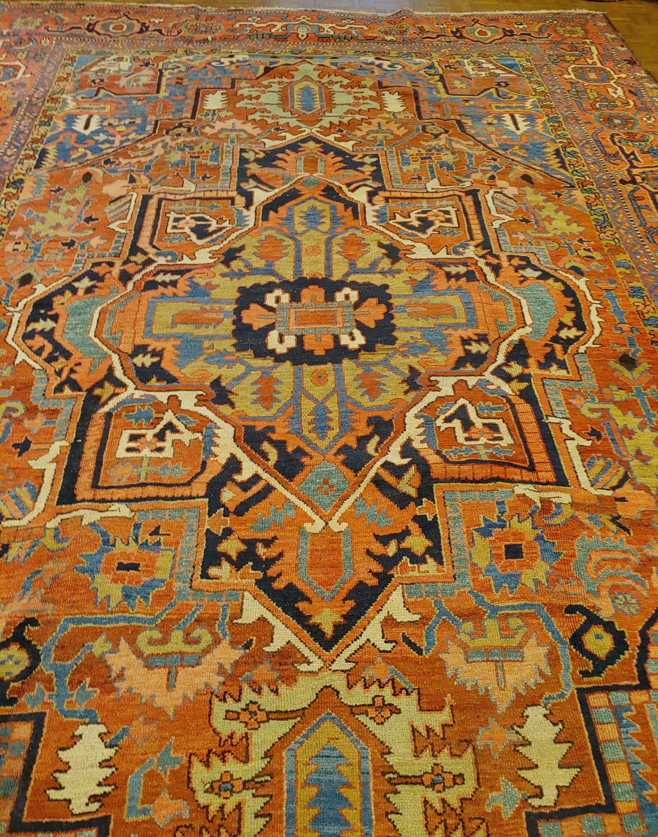 Antique Persian Heriz, Geometric Serapi Design, Rust, Blue, Coral, Wool, 1915 3
