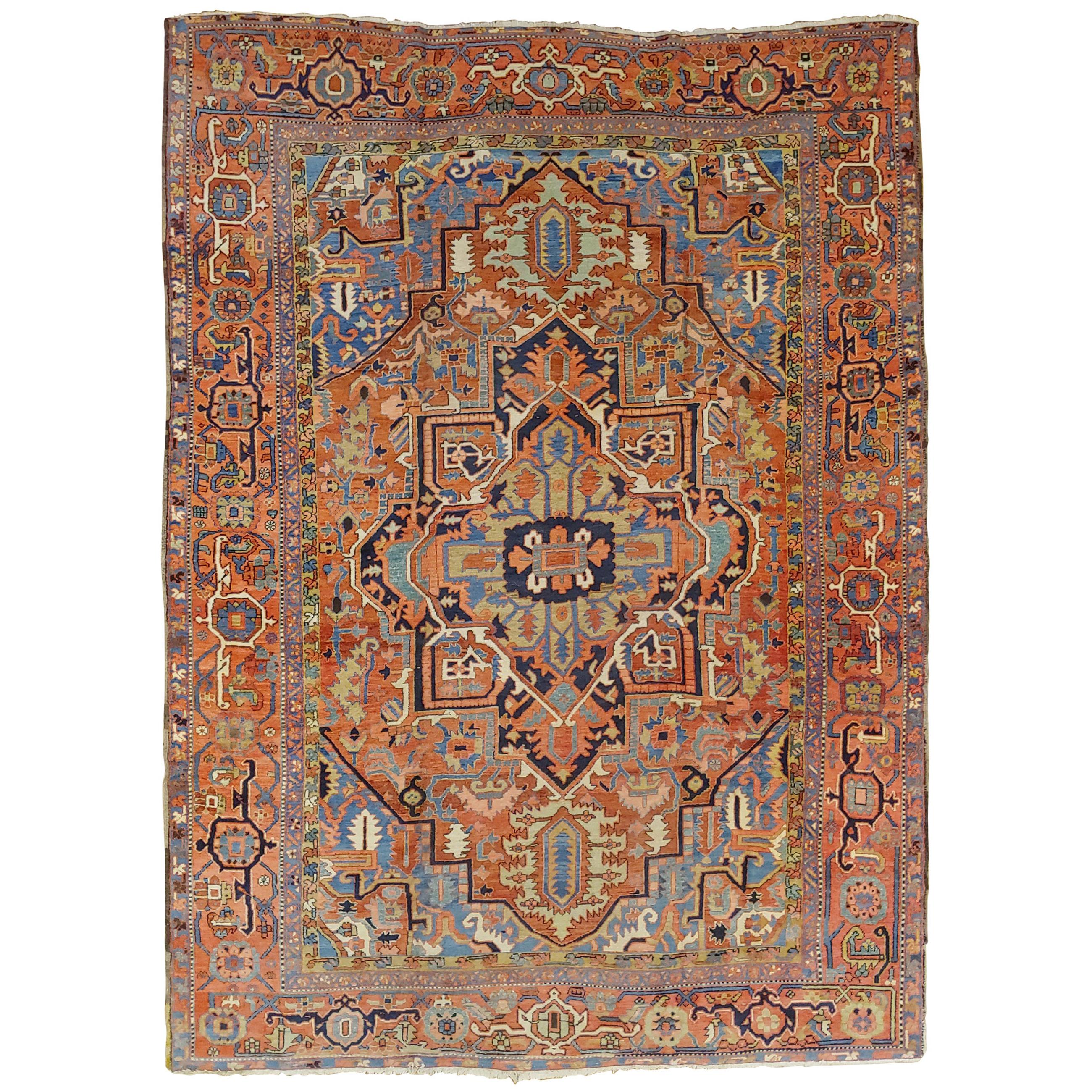 Antique Persian Heriz, Geometric Serapi Design, Rust, Blue, Coral, Wool, 1915