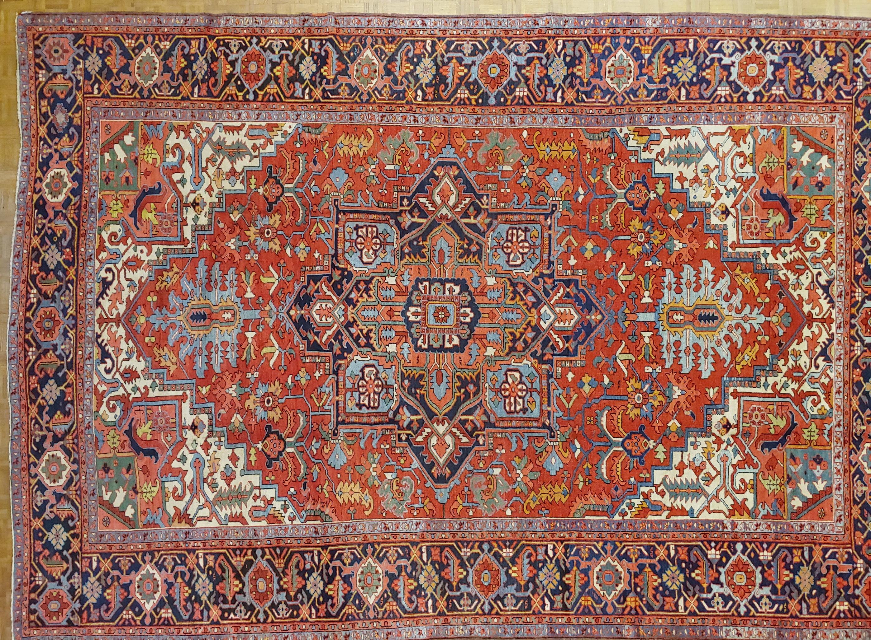Heriz Serapi Antique Persian Heriz, Geometric Serapi Design, Rust, Blue Wool, Oversize, 1915 For Sale