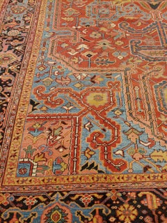 Antique Persian Heriz, Geometric Serapi Design, Rust, Blue Wool, Oversize, 1915