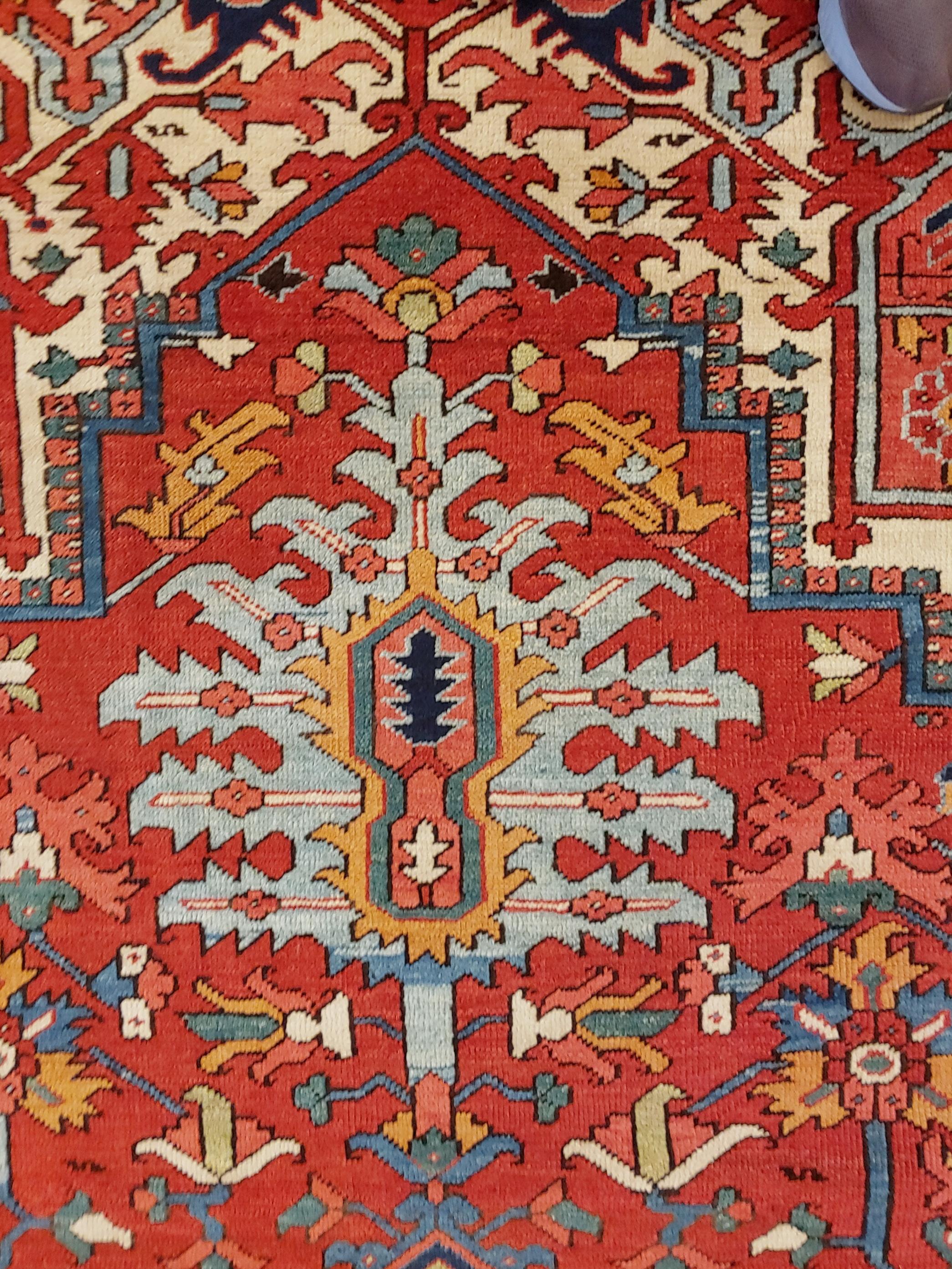 20th Century Antique Persian Heriz, Geometric Serapi Design, Rust, Blue Wool, Oversize, 1915 For Sale