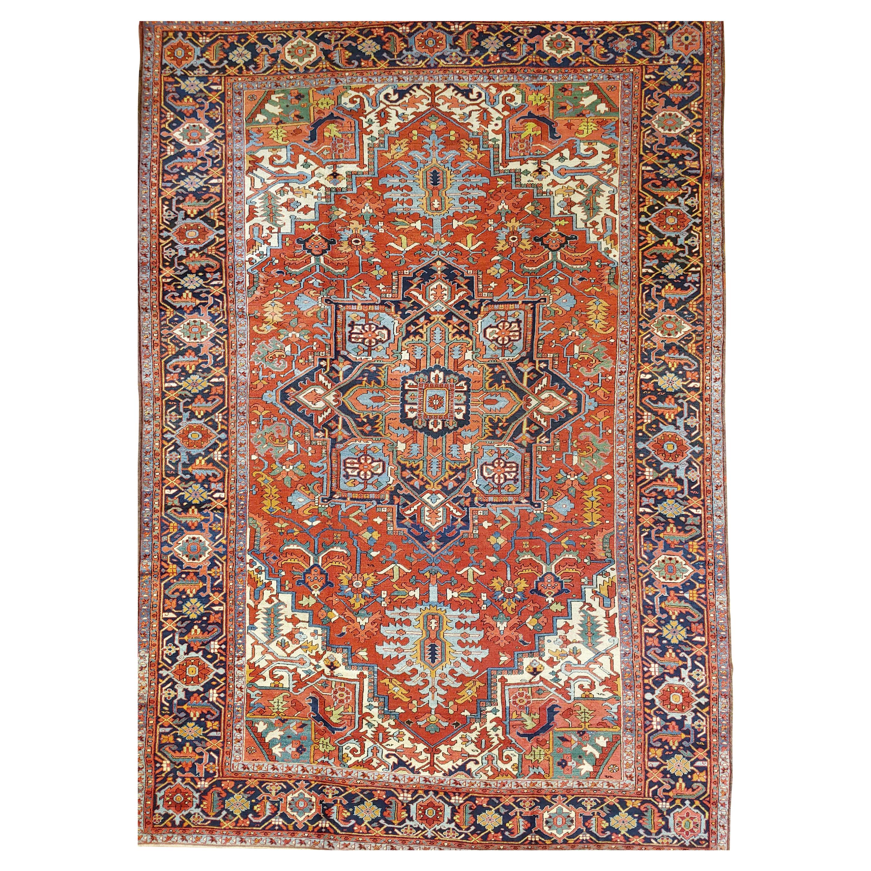 Antique Persian Heriz, Geometric Serapi Design, Rust, Blue Wool, Oversize, 1915 For Sale