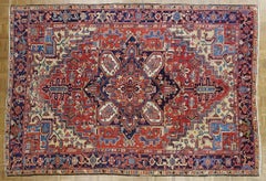 Antique Persian Heriz, Geometric Serapi Design, Rust Blue, Wool, Room Size, 1915